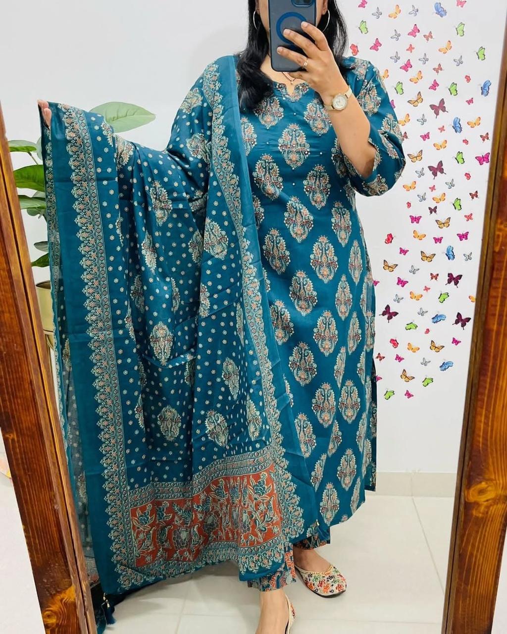Cotton dupatta set, blue dupatta set, Noorahe 