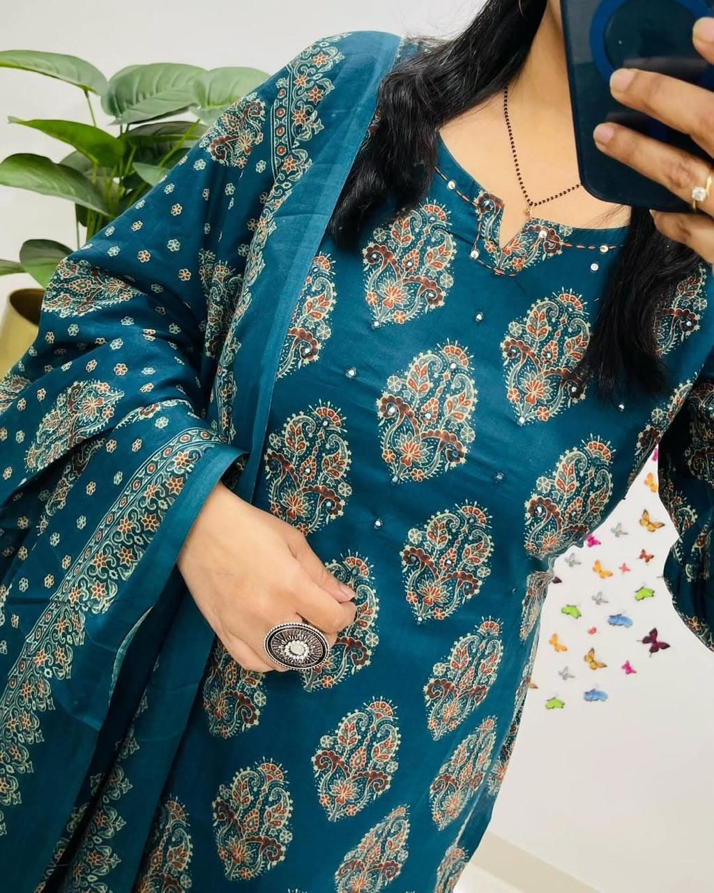 Cotton dupatta set, blue dupatta set, Noorahe 