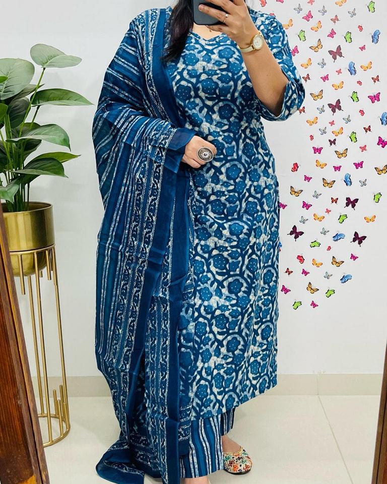 cotton dupatta set, blue dupatta set, Noorahe 