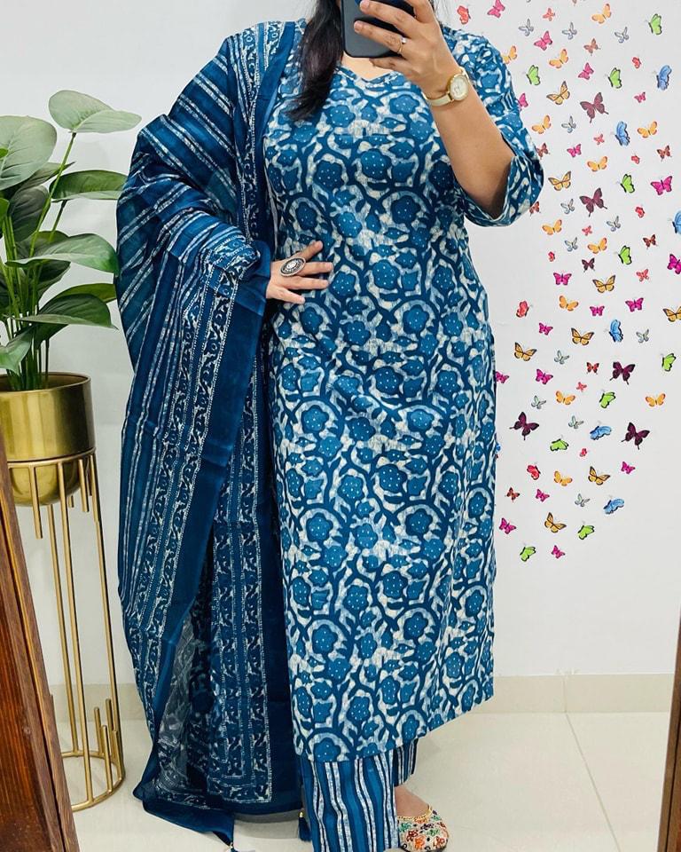 cotton dupatta set, blue dupatta set, Noorahe 