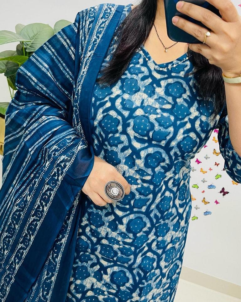 cotton dupatta set, blue dupatta set, Noorahe 
