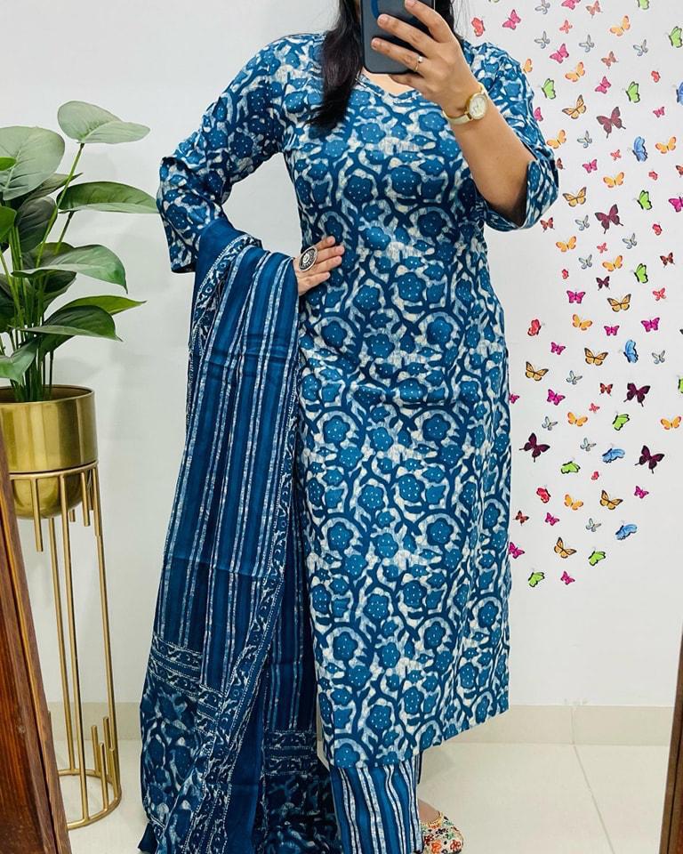 cotton dupatta set, blue dupatta set, Noorahe 
