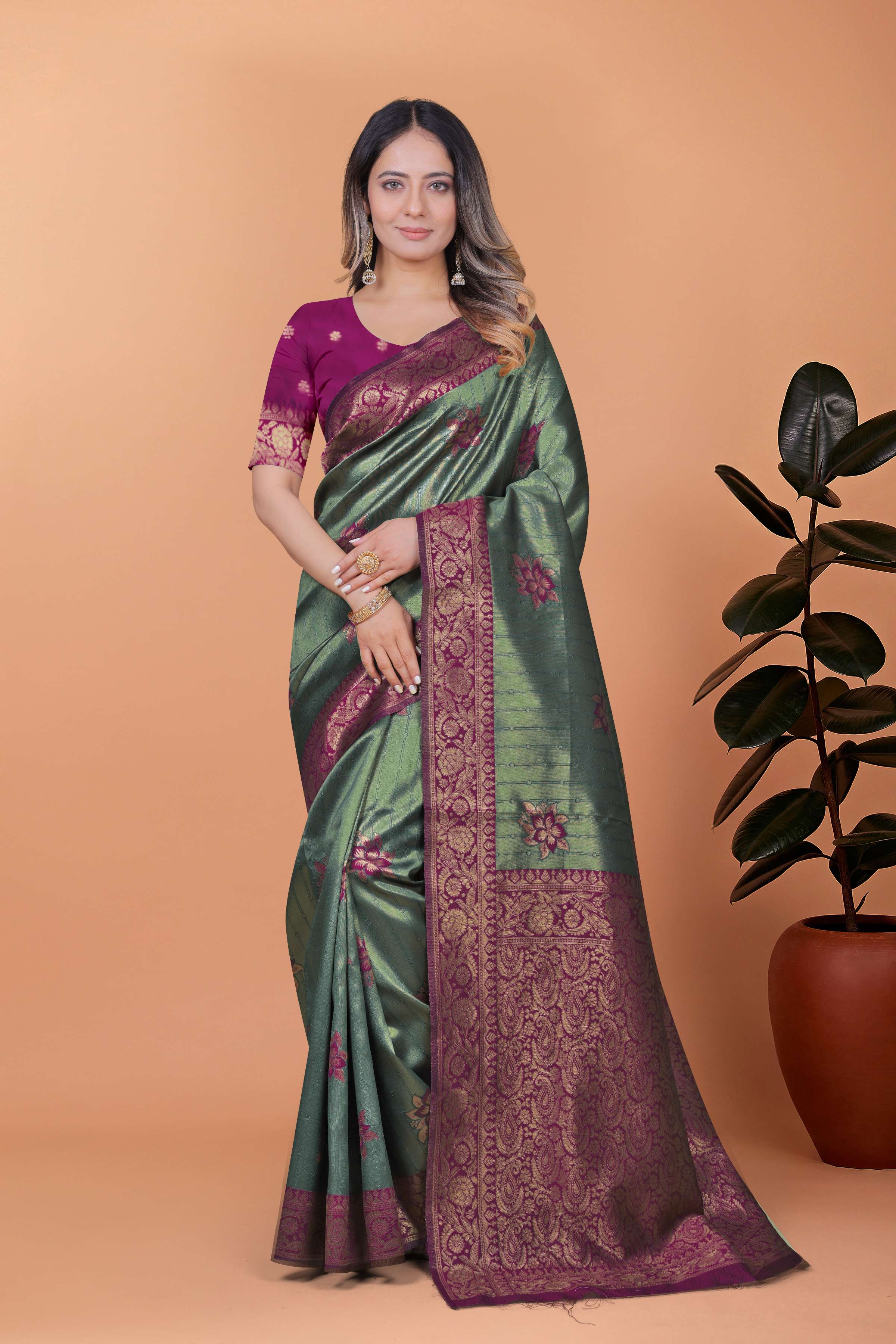 Emerald Green Banarasi Silk Saree with Plum Floral Zari Accents & Blouse | Wedding, Festive, Traditional & Party Wear
