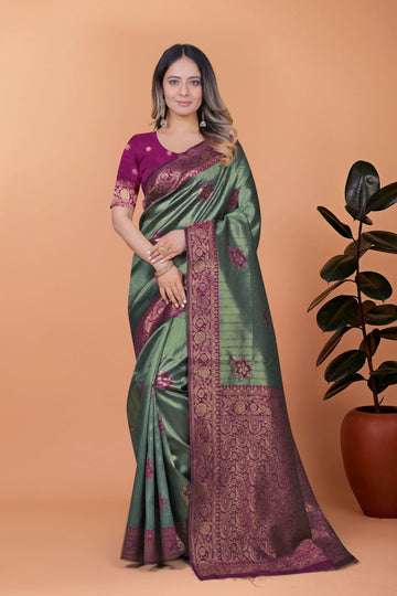 Emerald Green Banarasi Silk Saree with Plum Floral Zari Accents & Blouse | Wedding, Festive, Traditional & Party Wear
