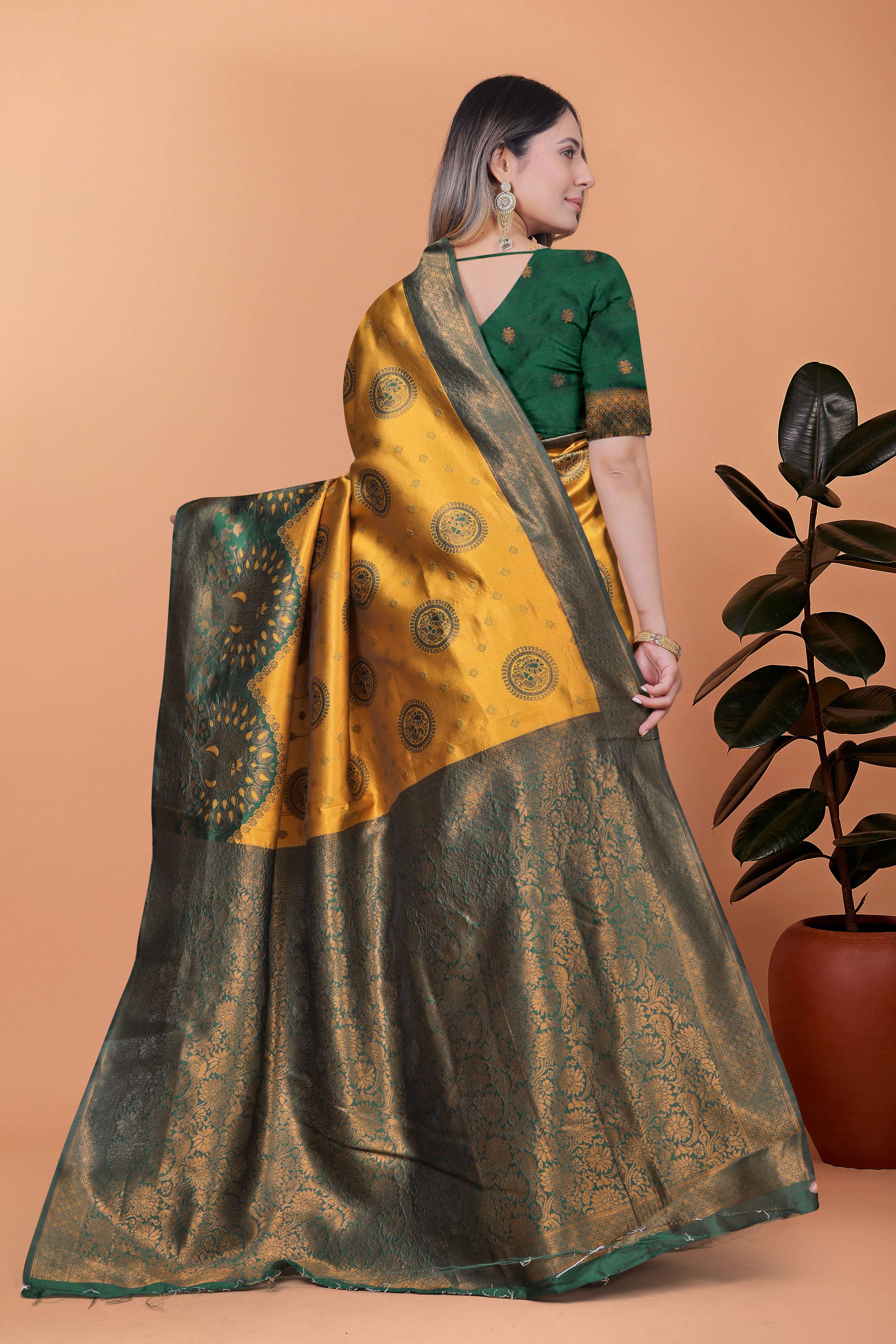 Golden Glow Banarasi Silk Saree with Peacock Zari Motifs & Deep Green Pallu | Wedding, Festive, Traditional Ethnic Wear
