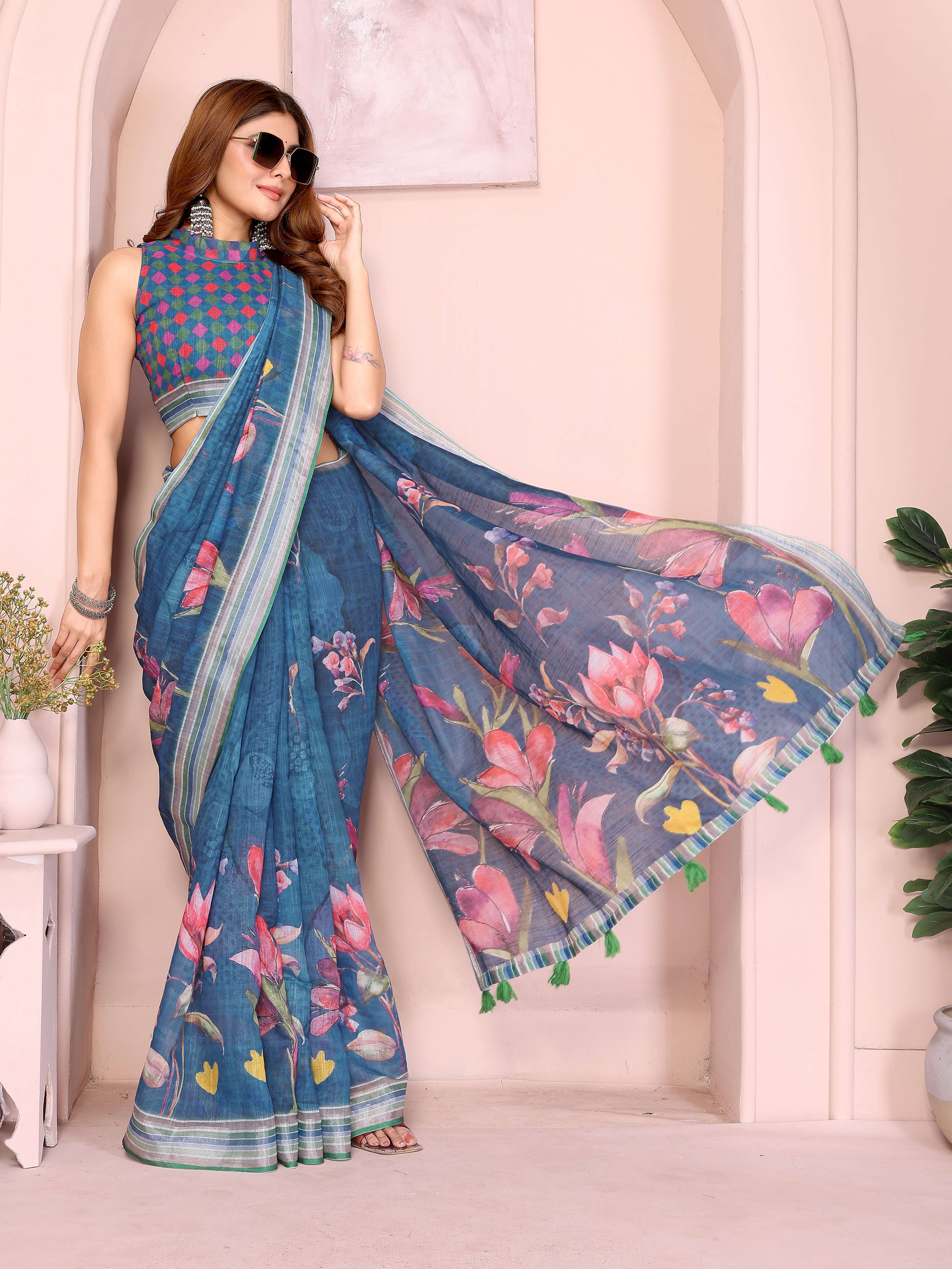 Elegant Linen Cotton Saree – Deep Teal with Vibrant Multicolor Floral Print & Striped Border