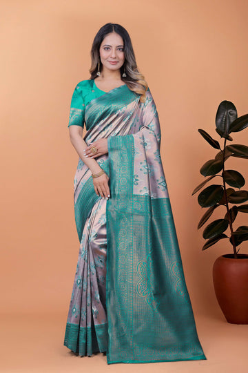 Mint Royale Banarasi Silk Saree in Silvery Grey & Mint Green with Floral Zari Work | Wedding, Day Functions & Festive Wear