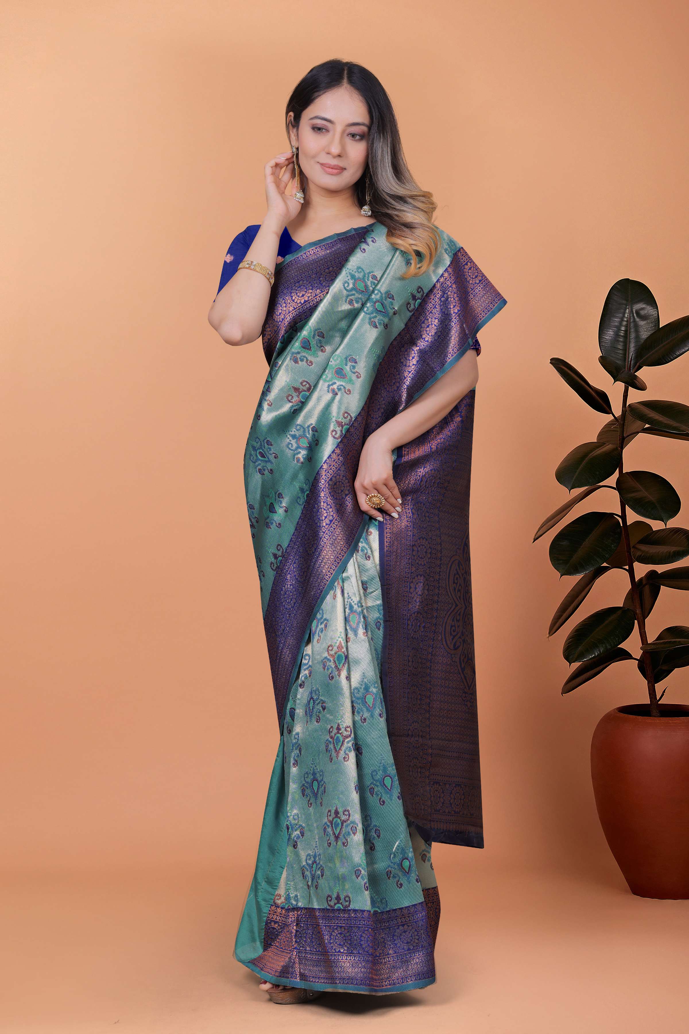 Emerald Twilight Banarasi Silk Saree in Deep Green & Royal Blue with Zari Butta Work | Evening, Festive & Cultural Wear