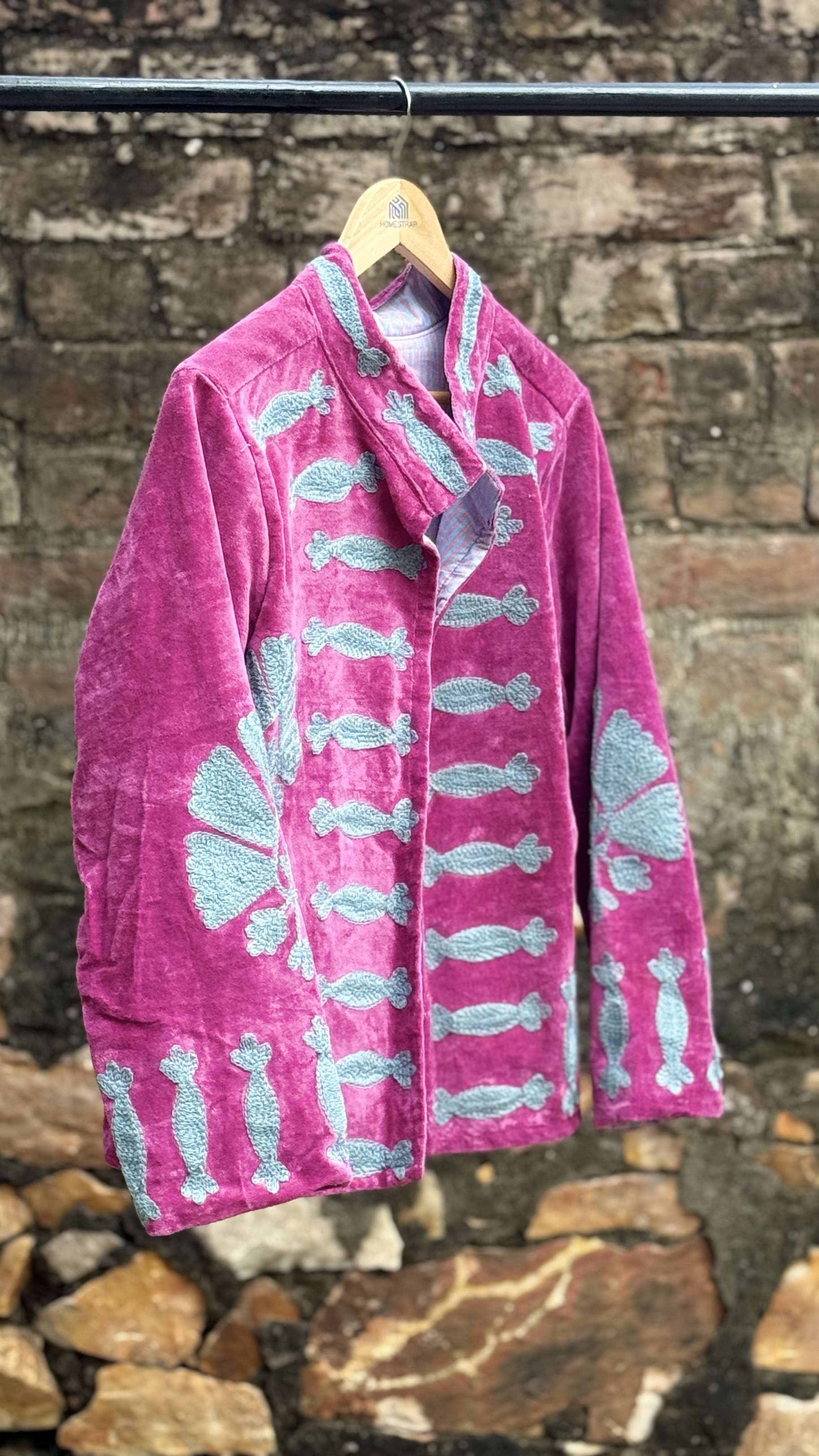 Womens Pink Velvet Embroidered Jacket with Floral Design