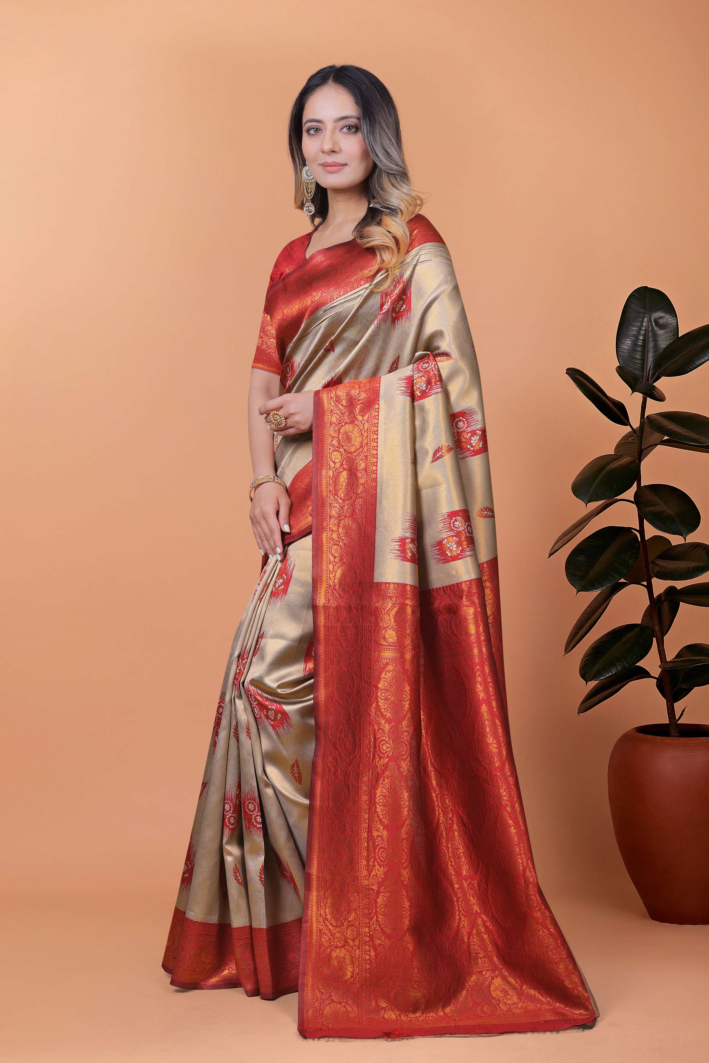 Elegant Beige-Gold Banarasi Silk Saree with Rust-Red Zari Border & Blouse | Wedding, Festival & Party Ethnic Wear