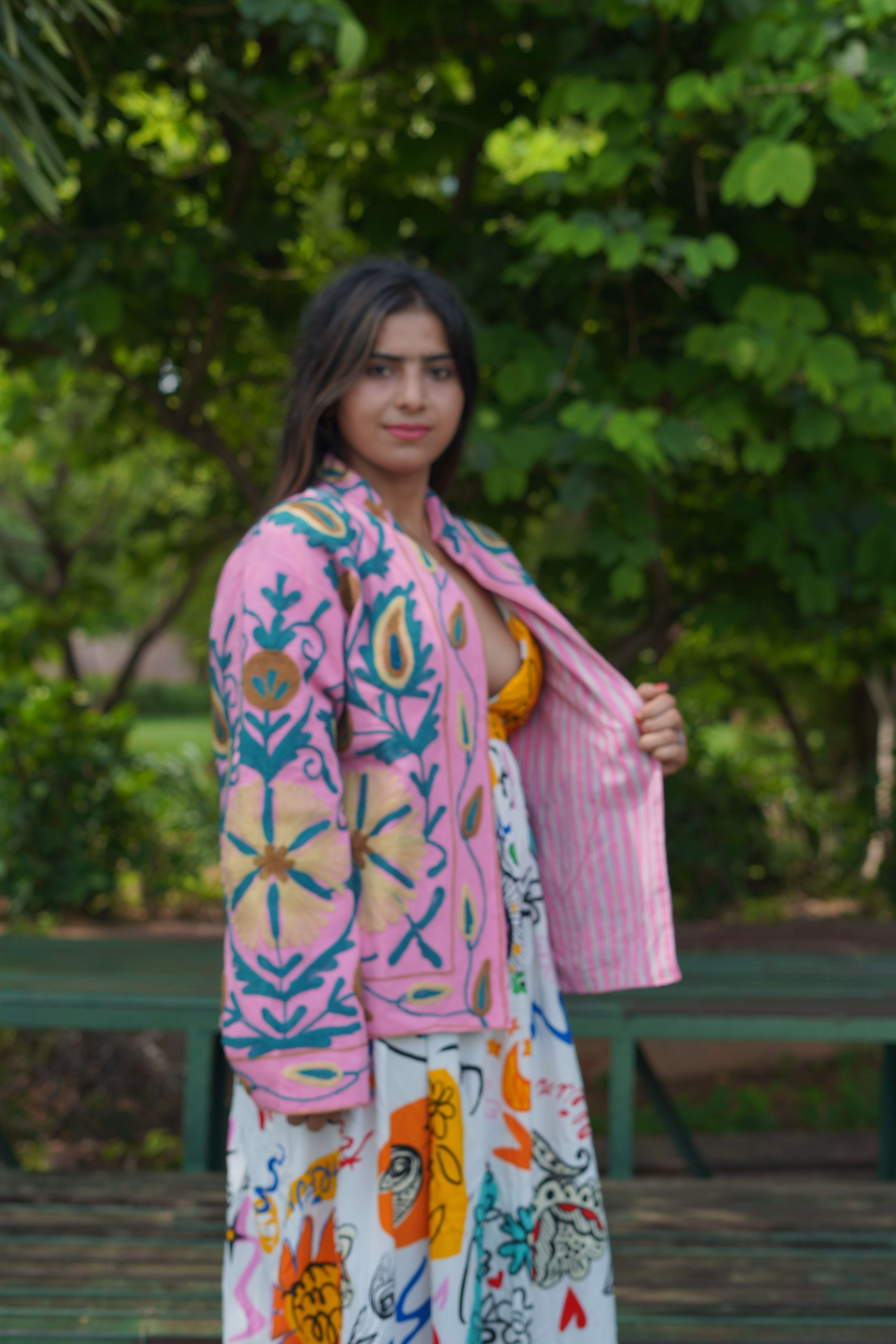 Womens Pink Velvet Embroidered Jacket with Floral Design