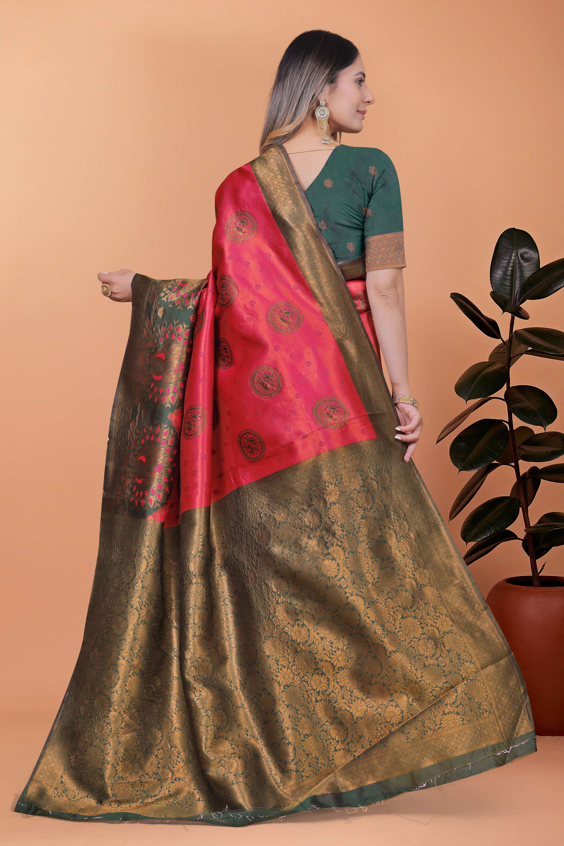 Royal Grace Banarasi Silk Saree with Floral & Peacock Zari Motifs – Deep Rose Pink & Antique Gold with Green Border