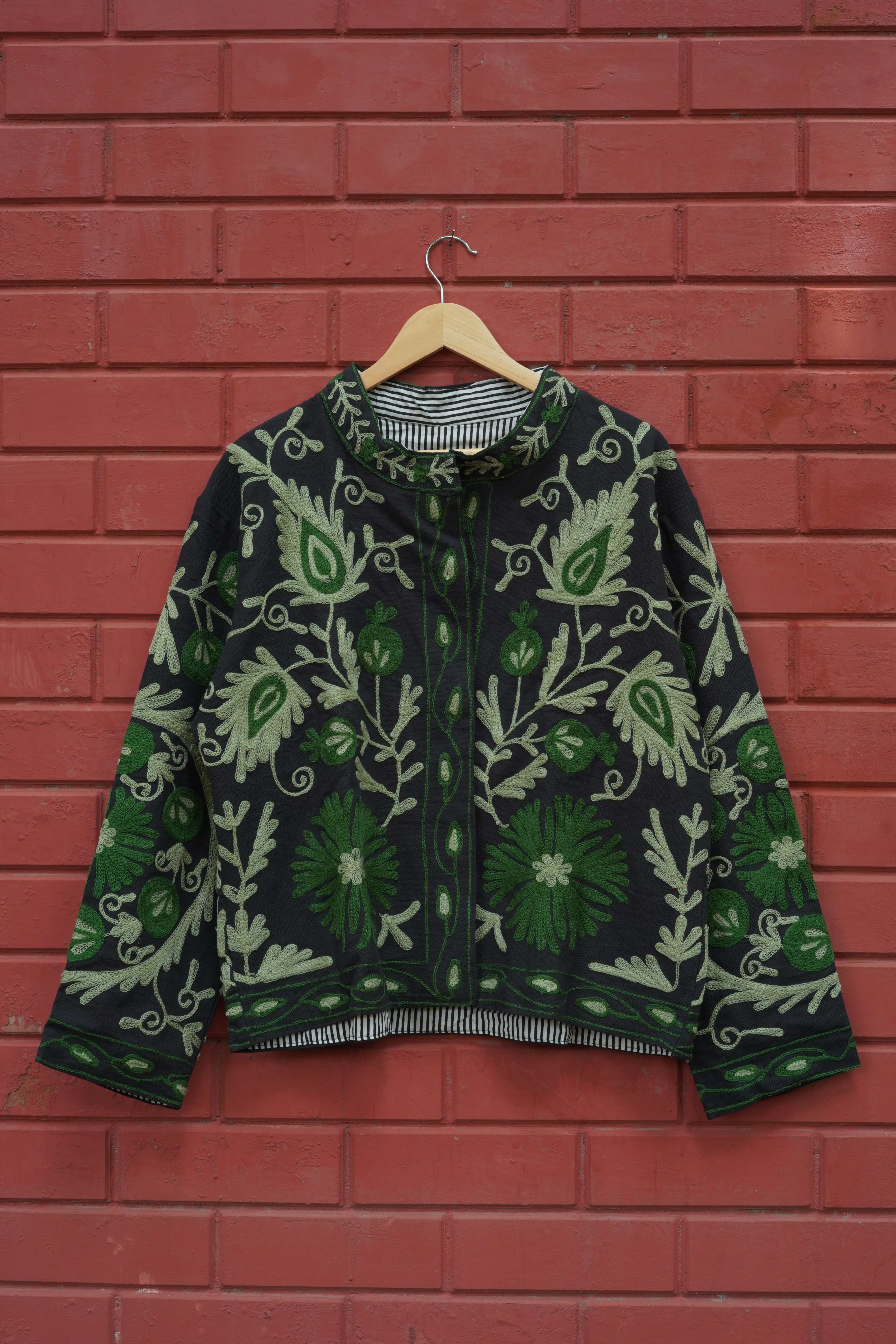 Womens Black Velvet Embroidered Jacket with Floral Design