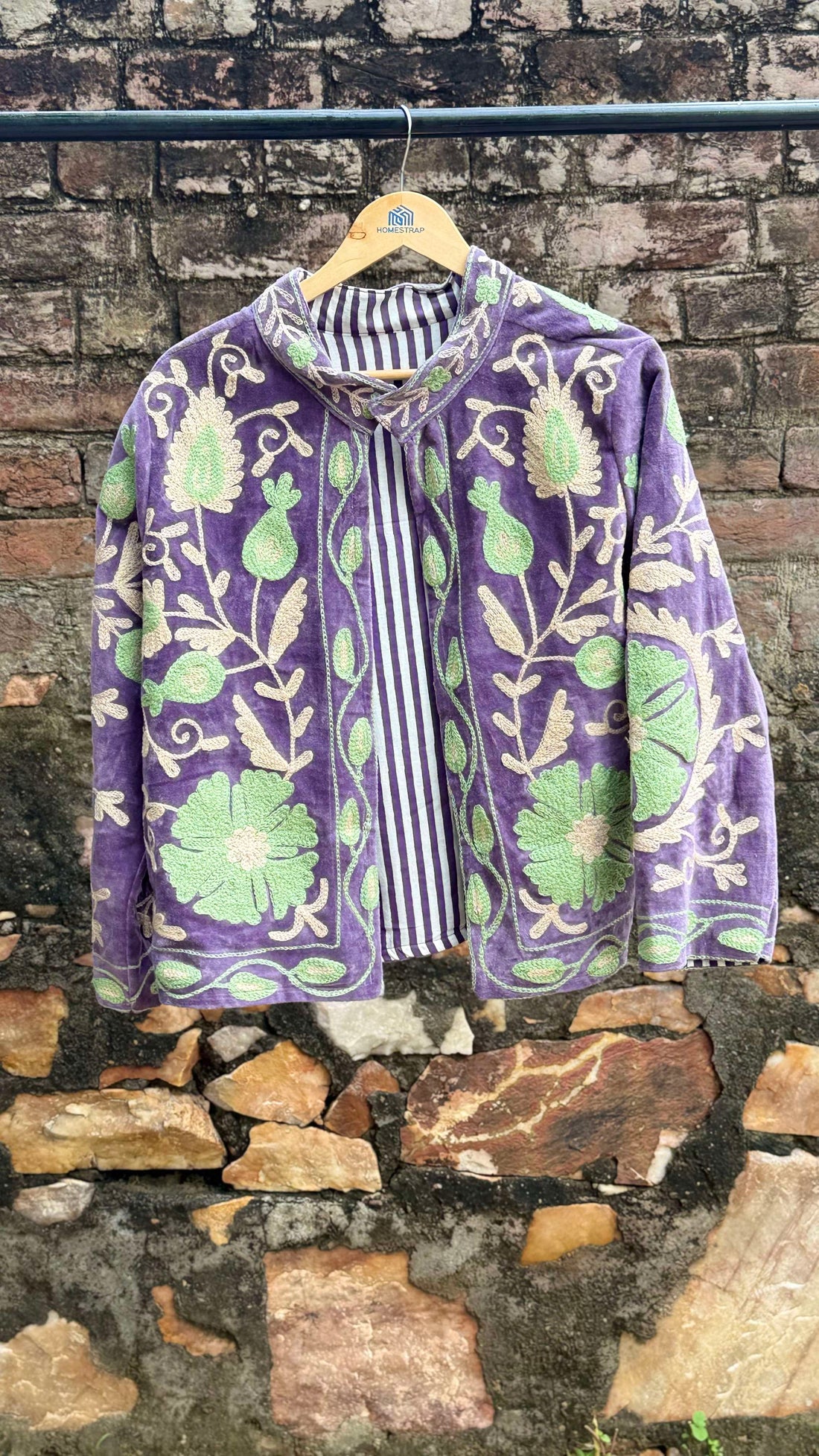 Womens Purple Velvet Embroidered Jacket with Floral Design