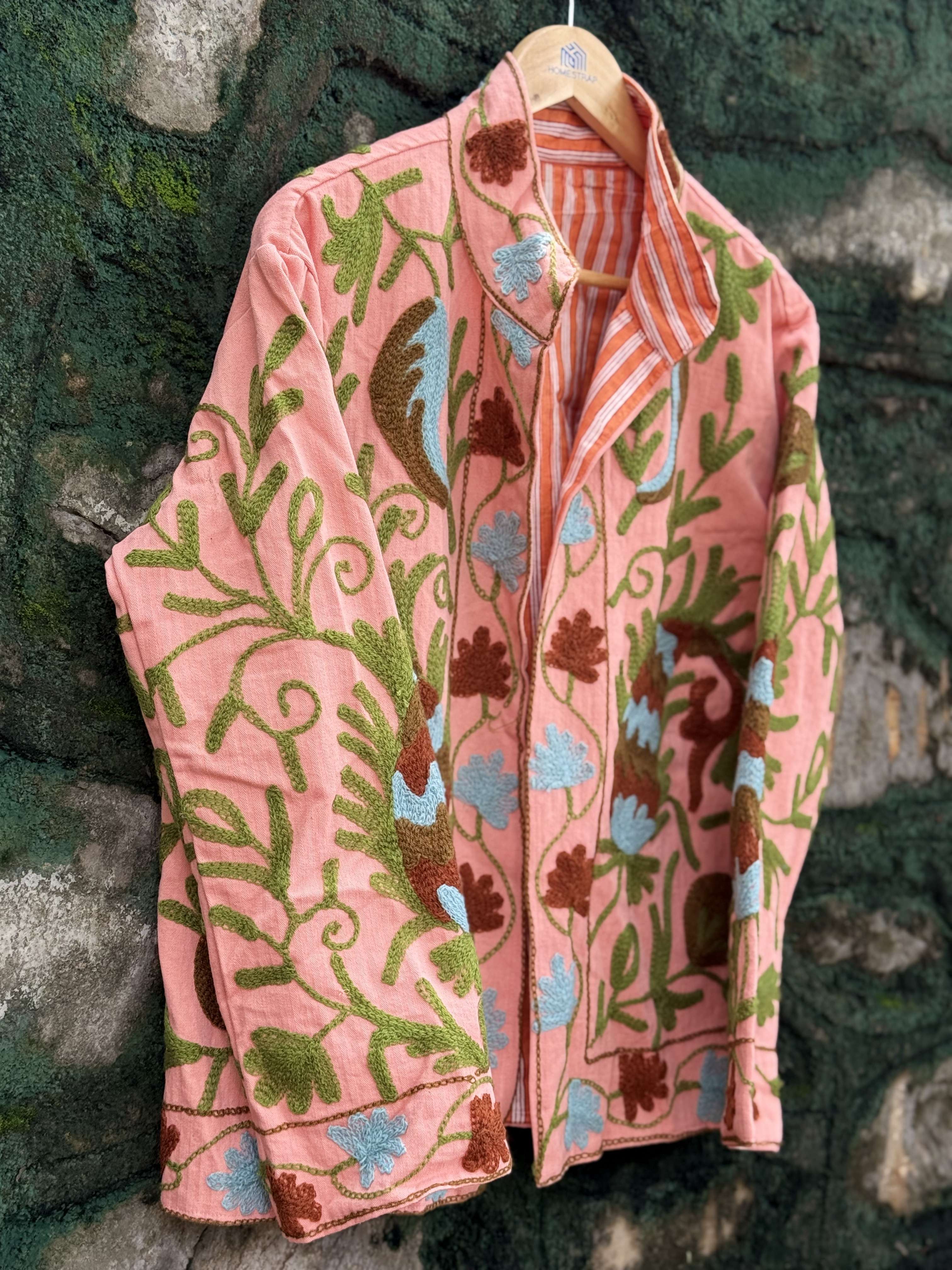 Womens Light Pink Velvet Embroidered Jacket with Floral Design