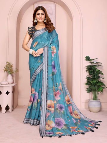 Teal Linen Cotton Saree with Vibrant Multicolor Floral Prints & Tassel Pallu