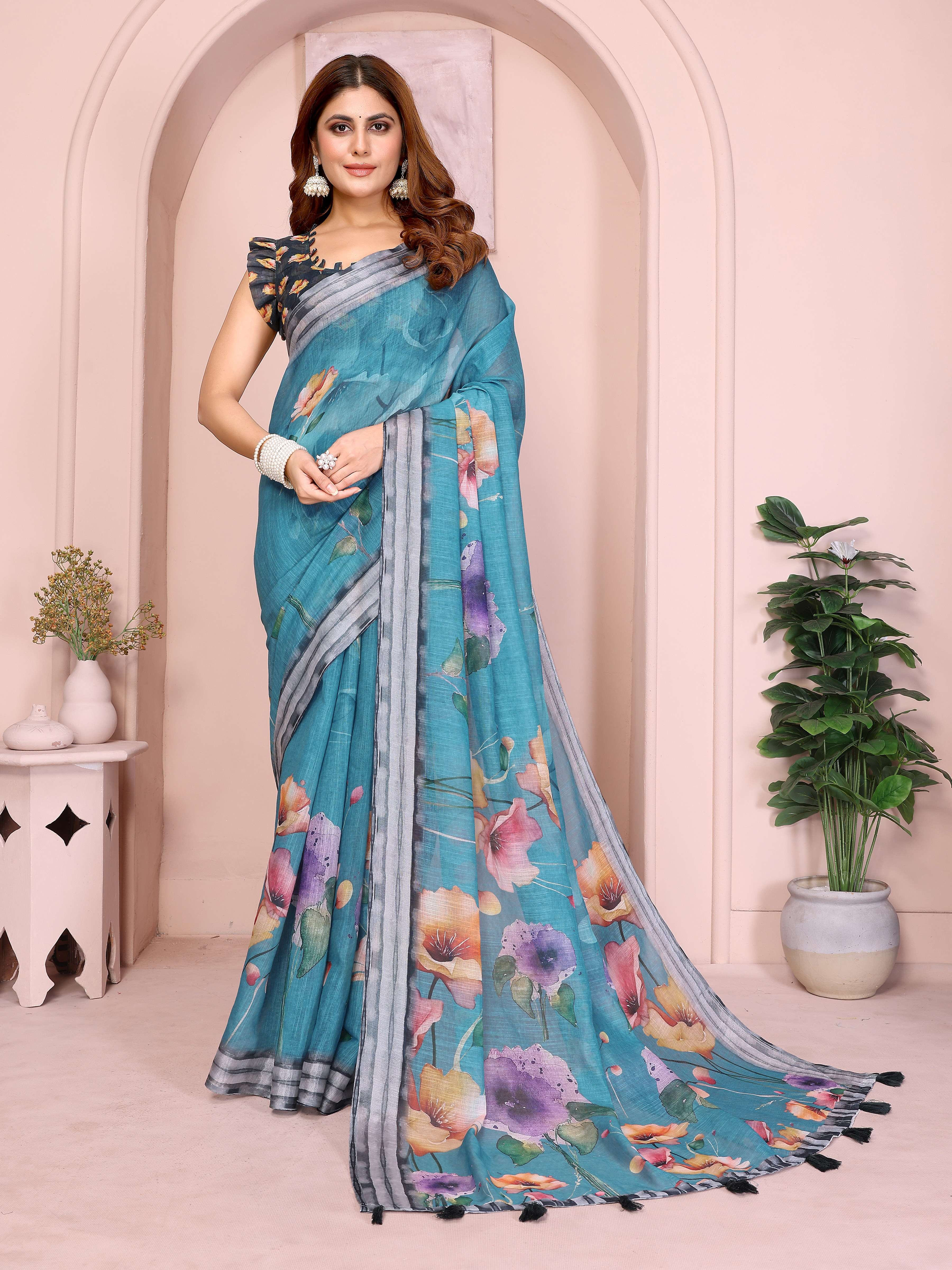 Teal Linen Cotton Saree with Vibrant Multicolor Floral Prints & Tassel Pallu