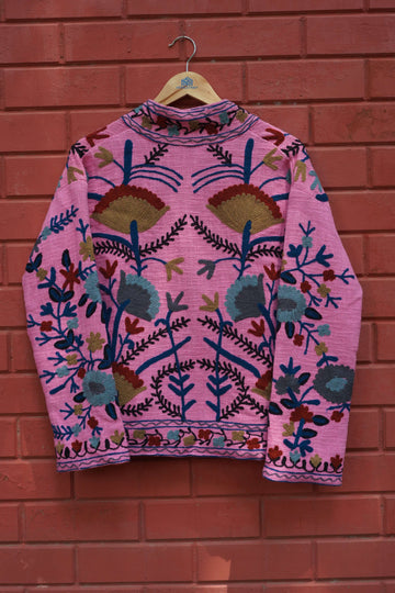 Womens Pink Velvet Embroidered Jacket with Floral Design