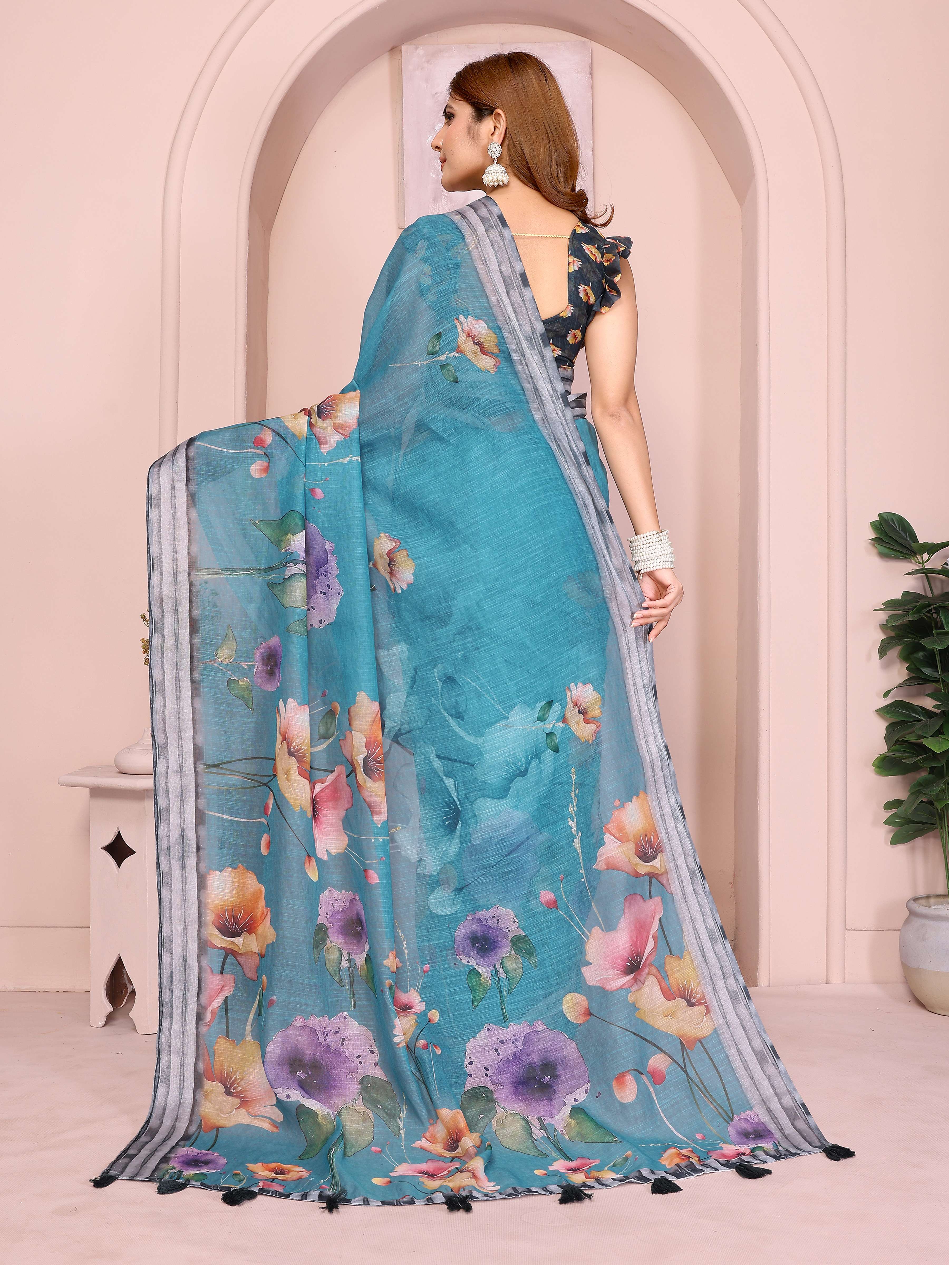 Teal Linen Cotton Saree with Vibrant Multicolor Floral Prints & Tassel Pallu