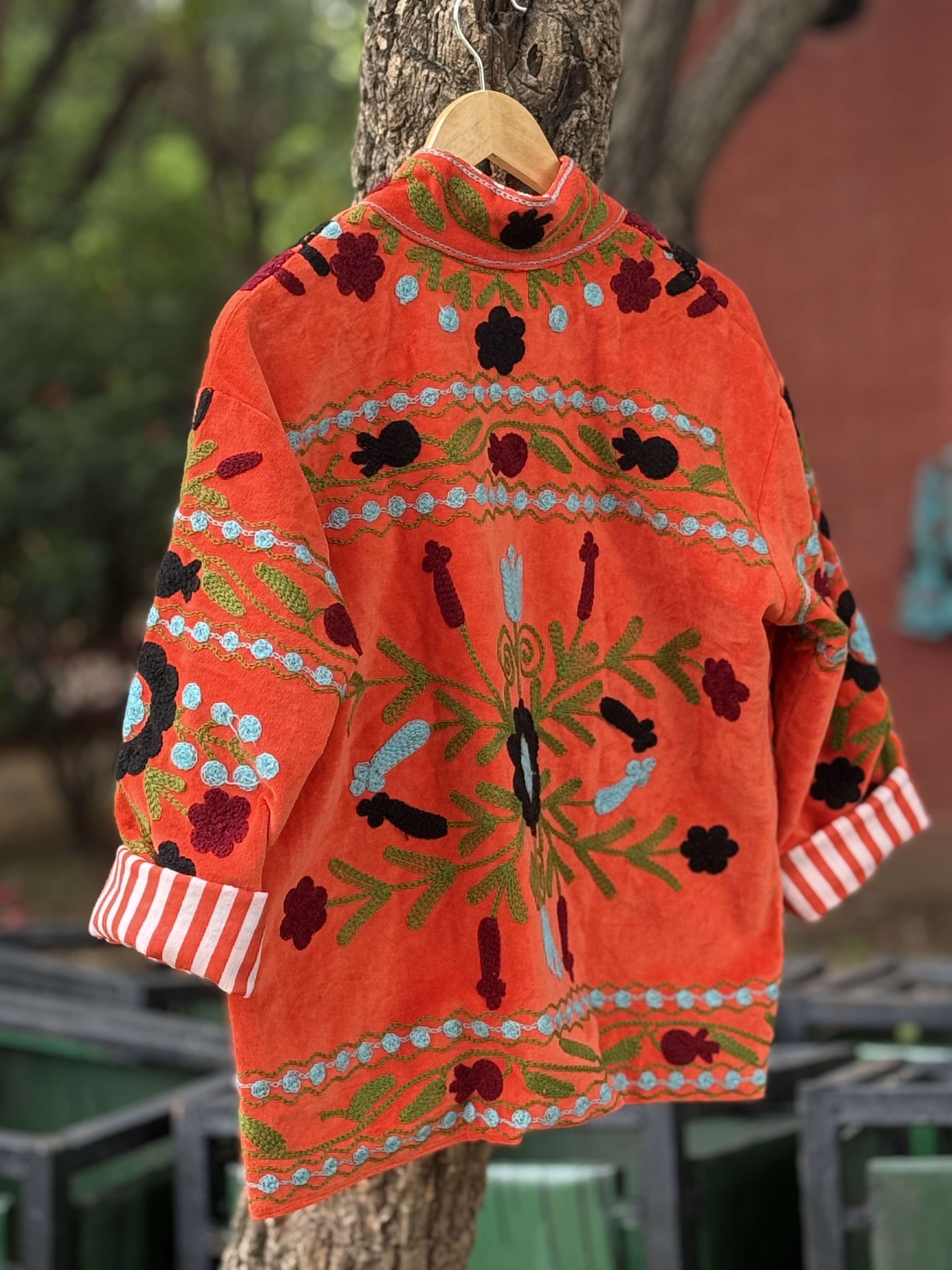 Womens Orange Velvet Embroidered Jacket with Floral Design
