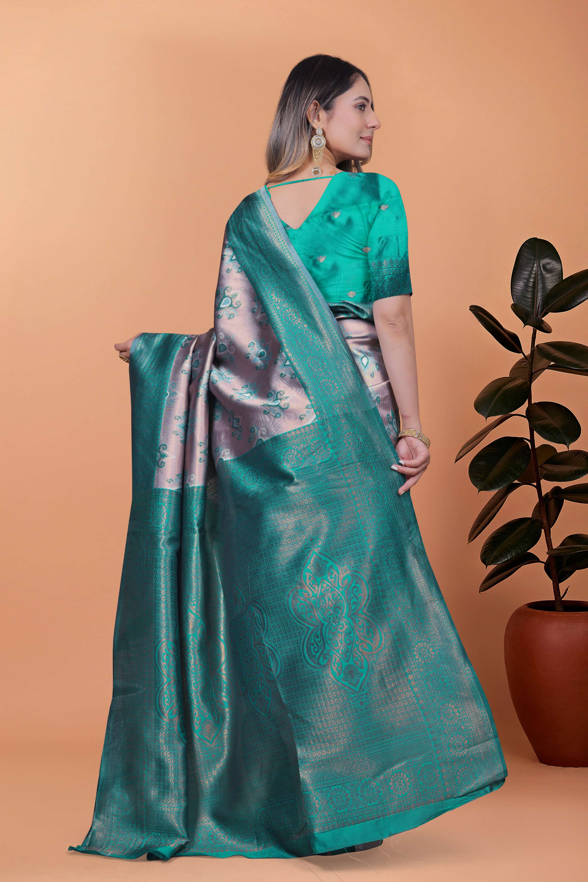 Mint Royale Banarasi Silk Saree in Silvery Grey & Mint Green with Floral Zari Work | Wedding, Day Functions & Festive Wear