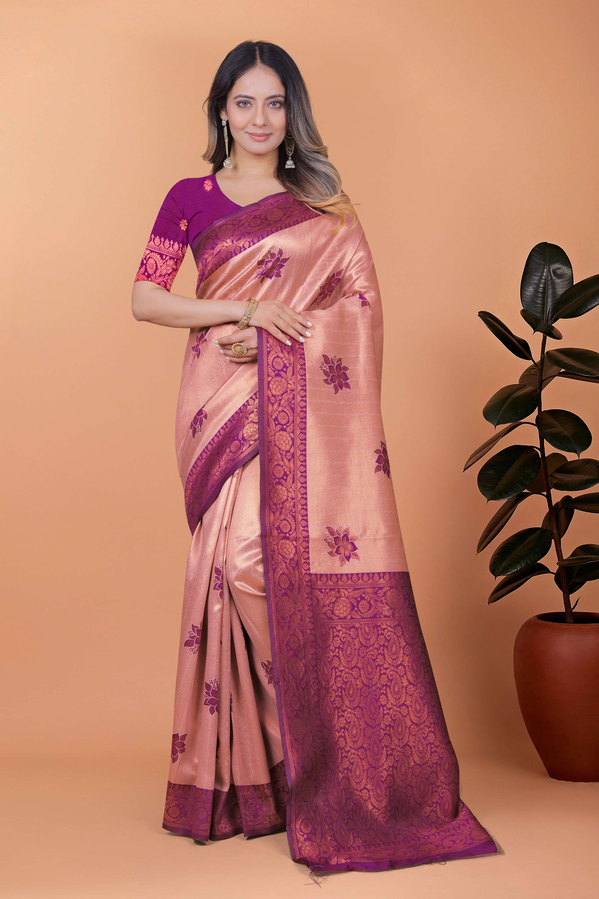 Rosewood Elegance Banarasi Silk Saree with Plum Zari Work & Blouse | Engagement, Festival, Sangeet & Traditional Wear
