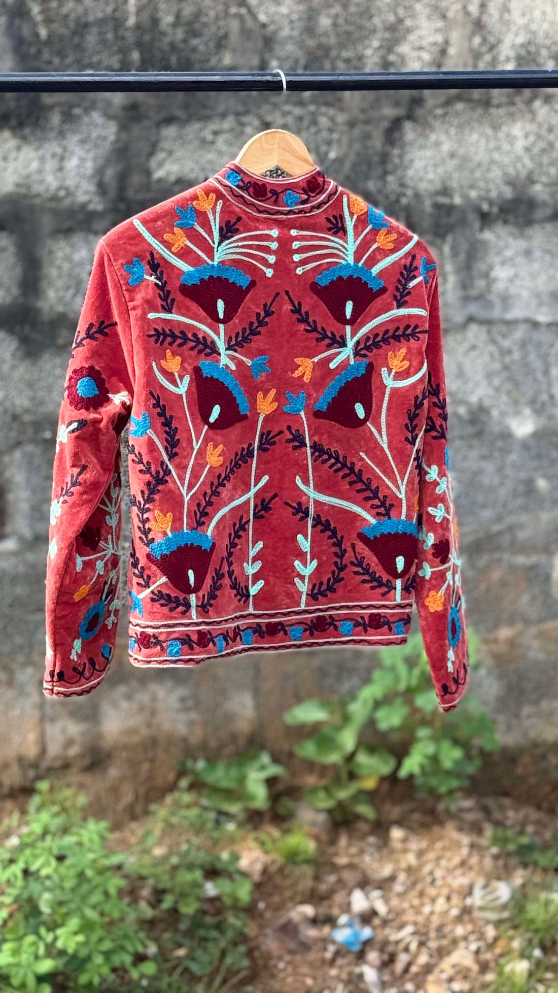 Womens Terracotta Velvet Embroidered Jacket with Floral Design