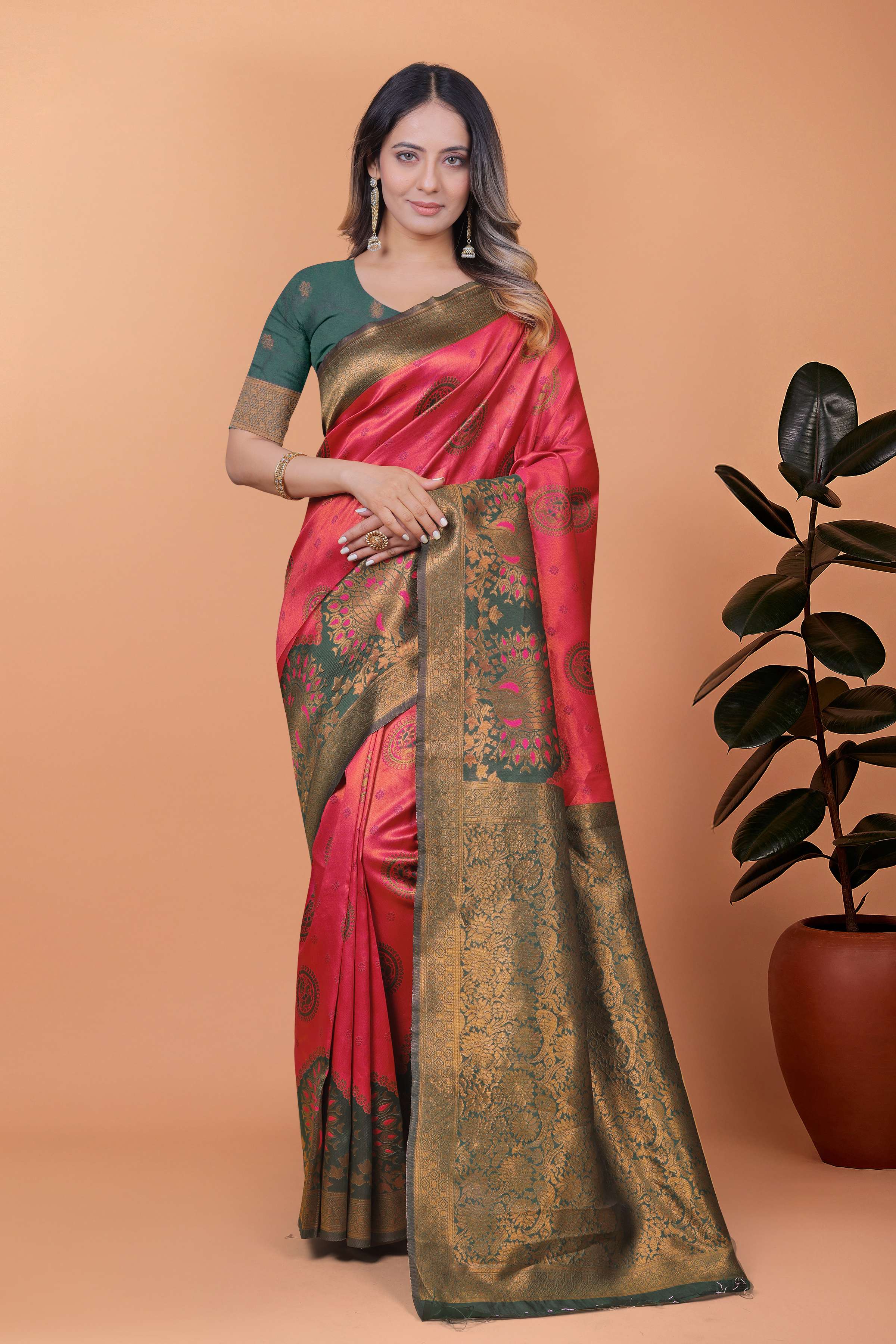 Royal Grace Banarasi Silk Saree with Floral & Peacock Zari Motifs – Deep Rose Pink & Antique Gold with Green Border