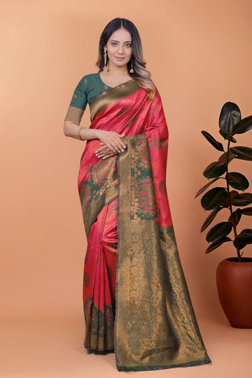 Royal Grace Banarasi Silk Saree with Floral & Peacock Zari Motifs – Deep Rose Pink & Antique Gold with Green Border