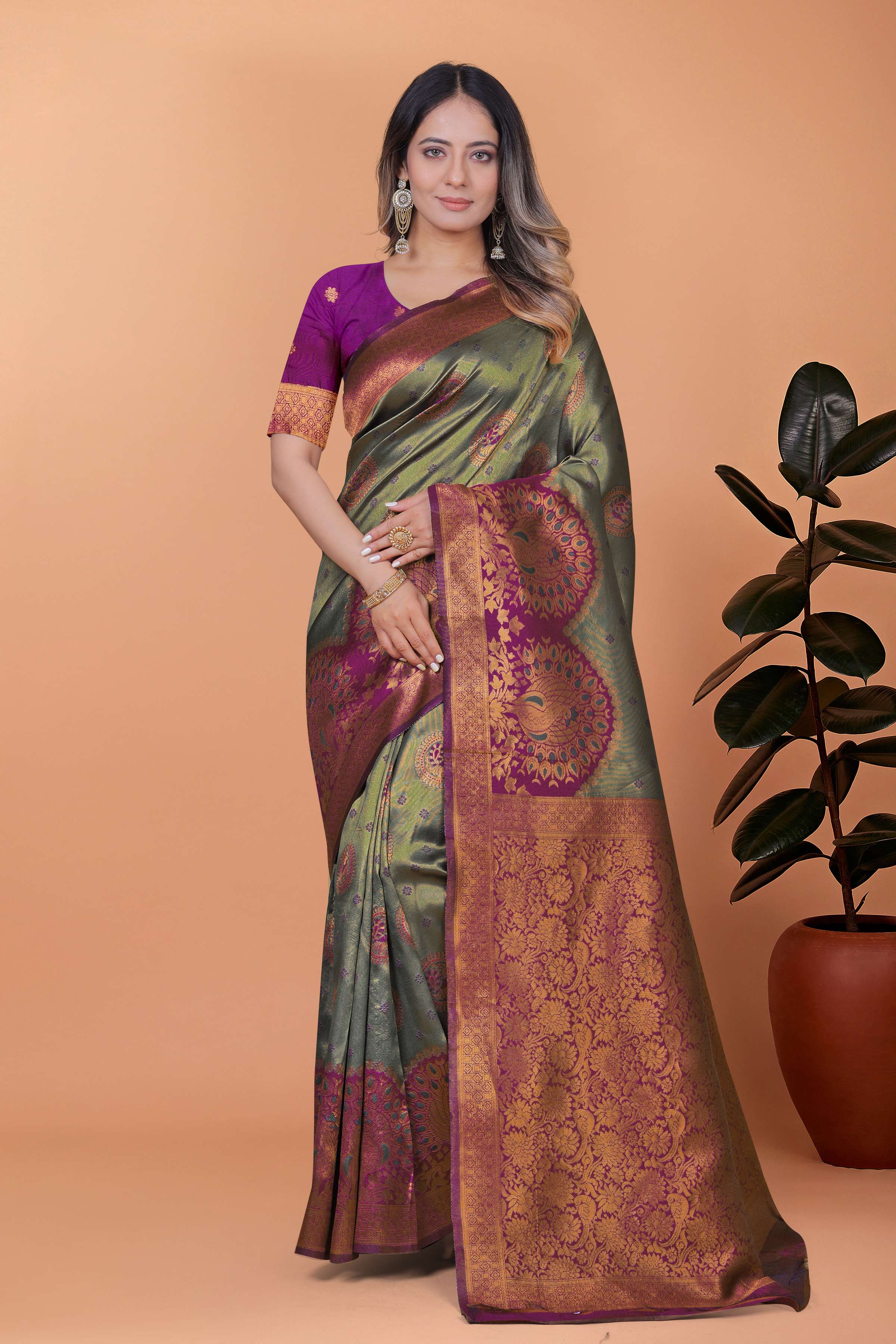 Regal Grace Banarasi Silk Saree – Olive Green with Plum Zari Pallu