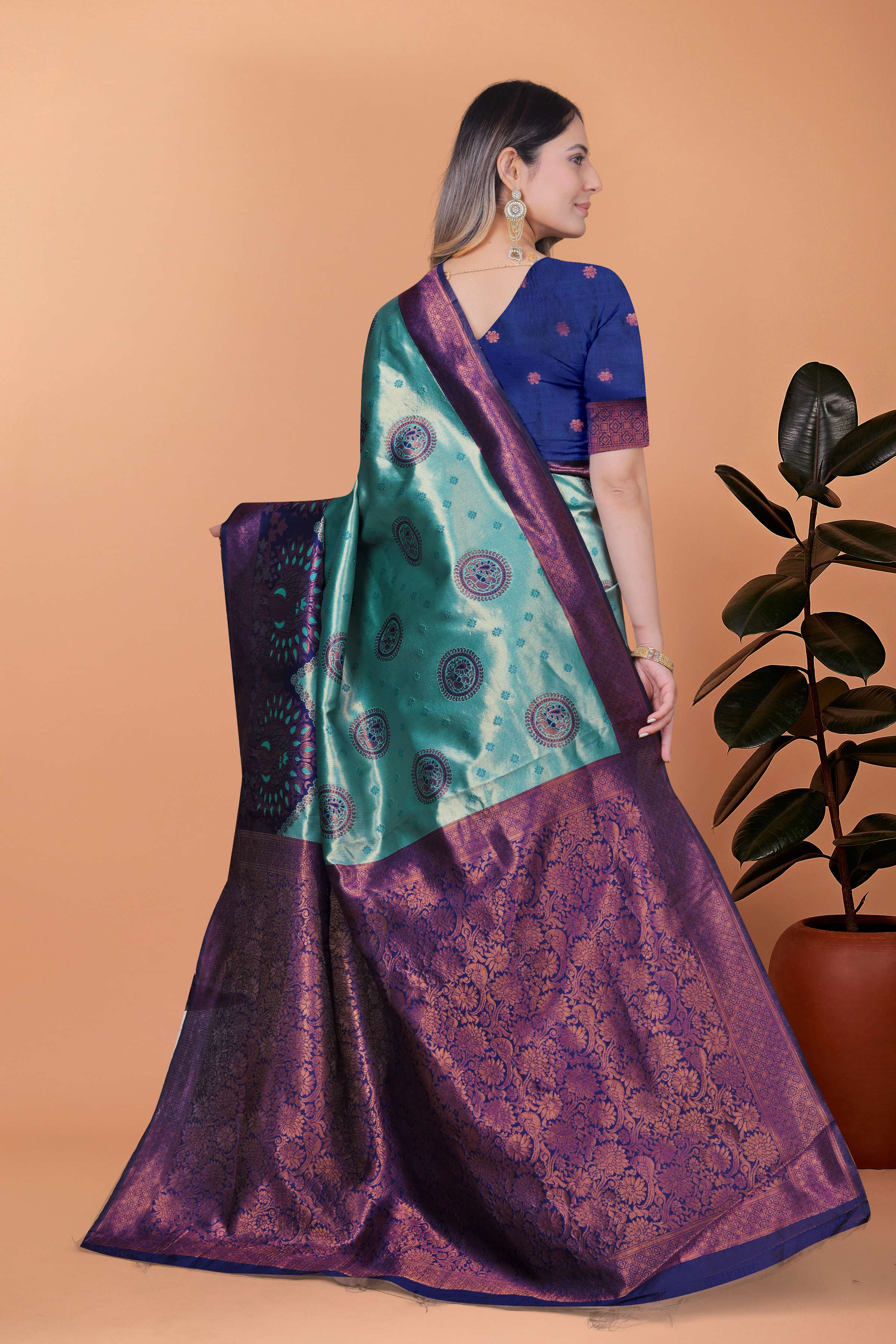 Peacock Aura Banarasi Silk Saree – Teal Green & Royal Purple with Zari Pallu