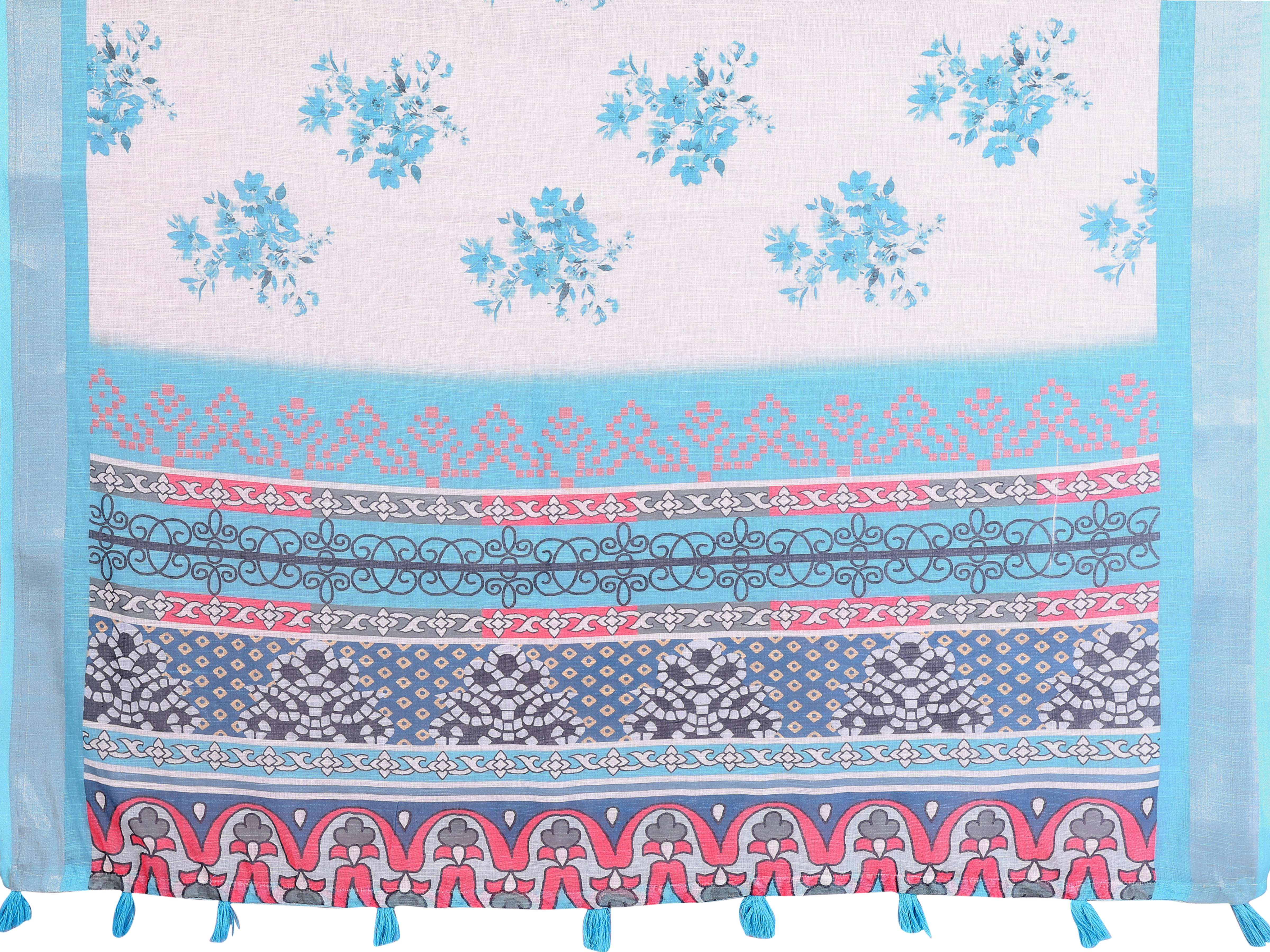White & Sky Blue Linen Cotton Saree with Artistic Multicolor Pallu & Tassels
