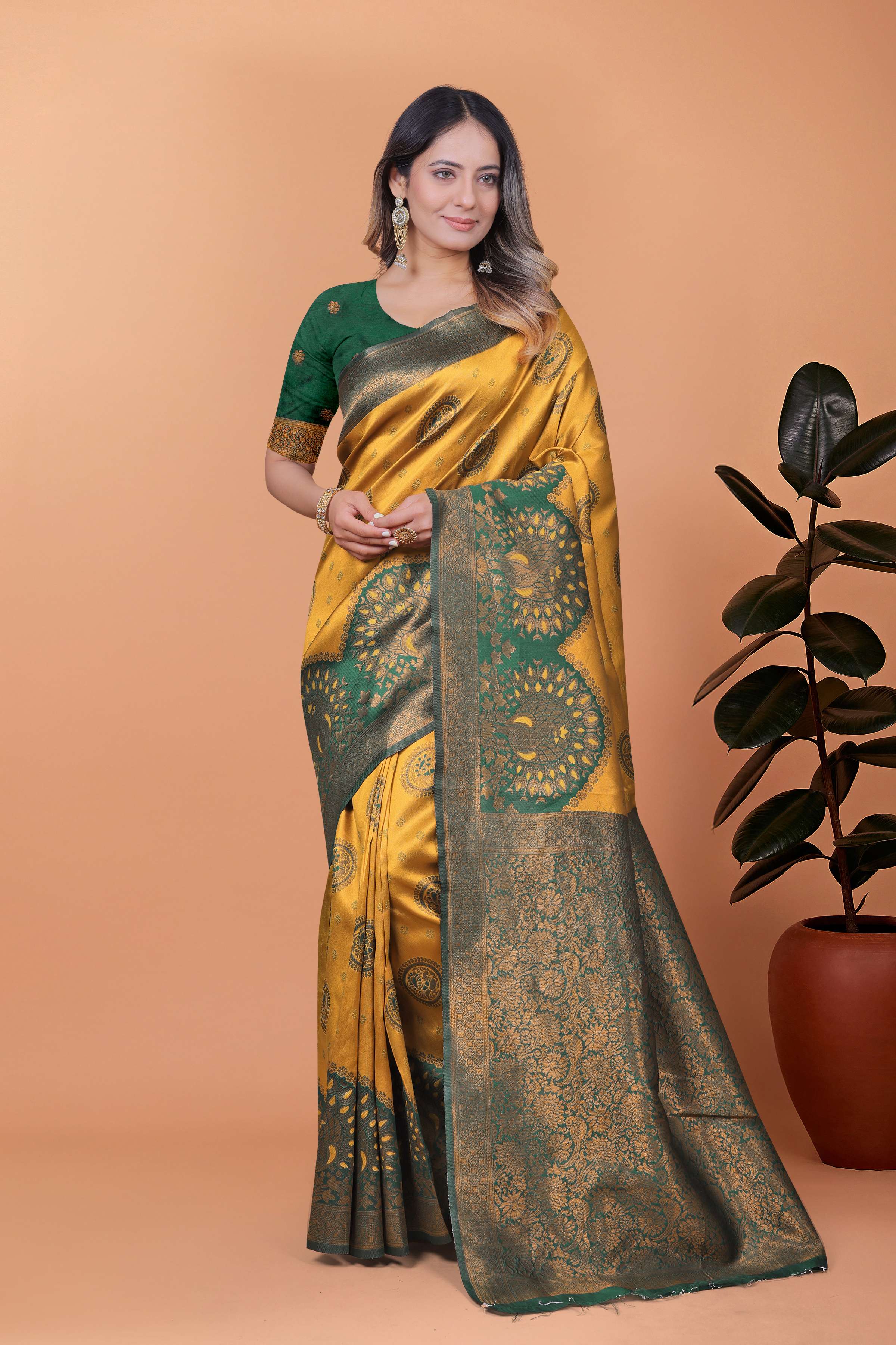 Golden Glow Banarasi Silk Saree with Peacock Zari Motifs & Deep Green Pallu | Wedding, Festive, Traditional Ethnic Wear