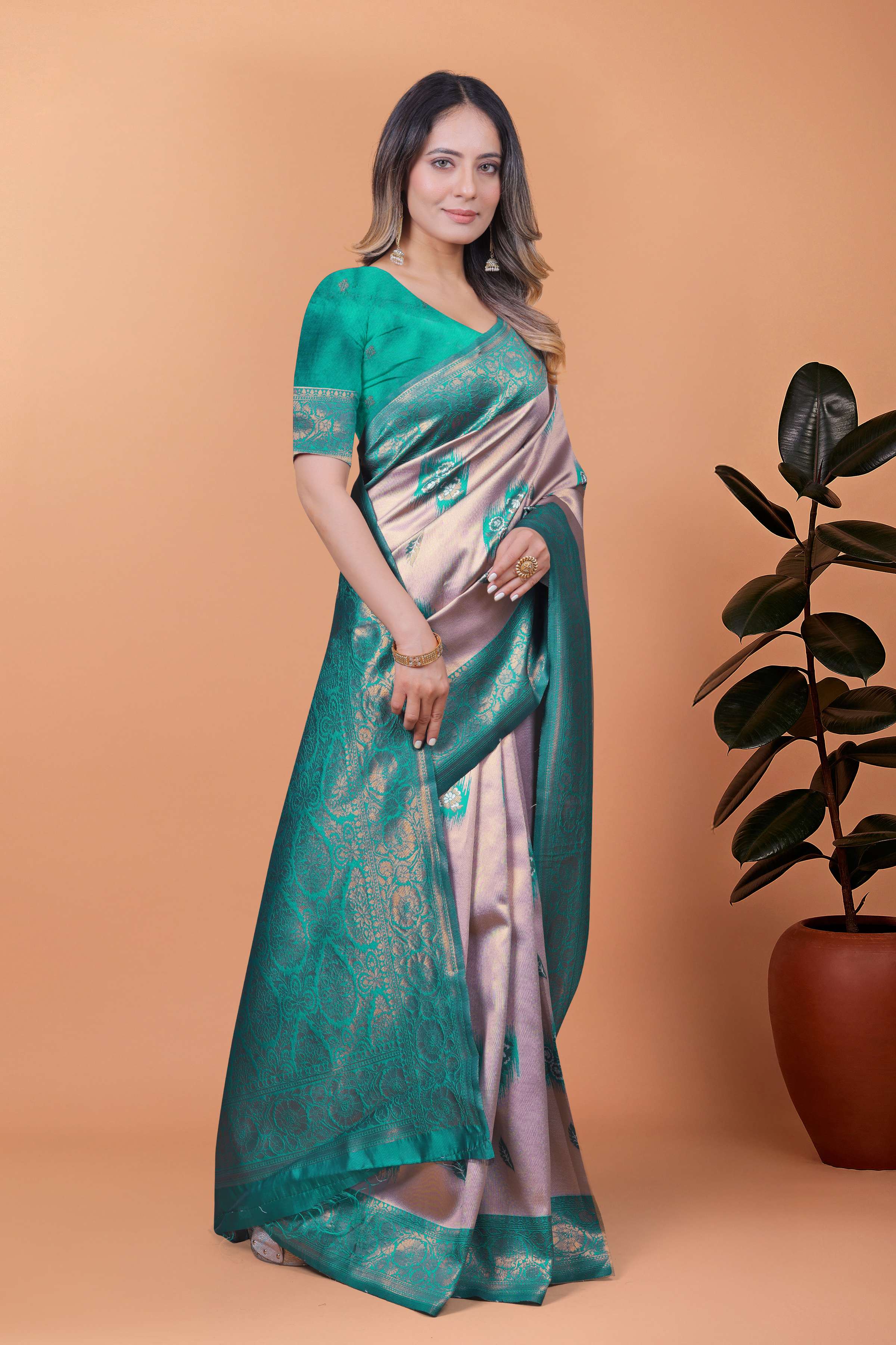 Light Lavender & Teal Green Banarasi Silk Saree with Antique Gold Zari | Wedding, Festival & Traditional Ethnic Wear
