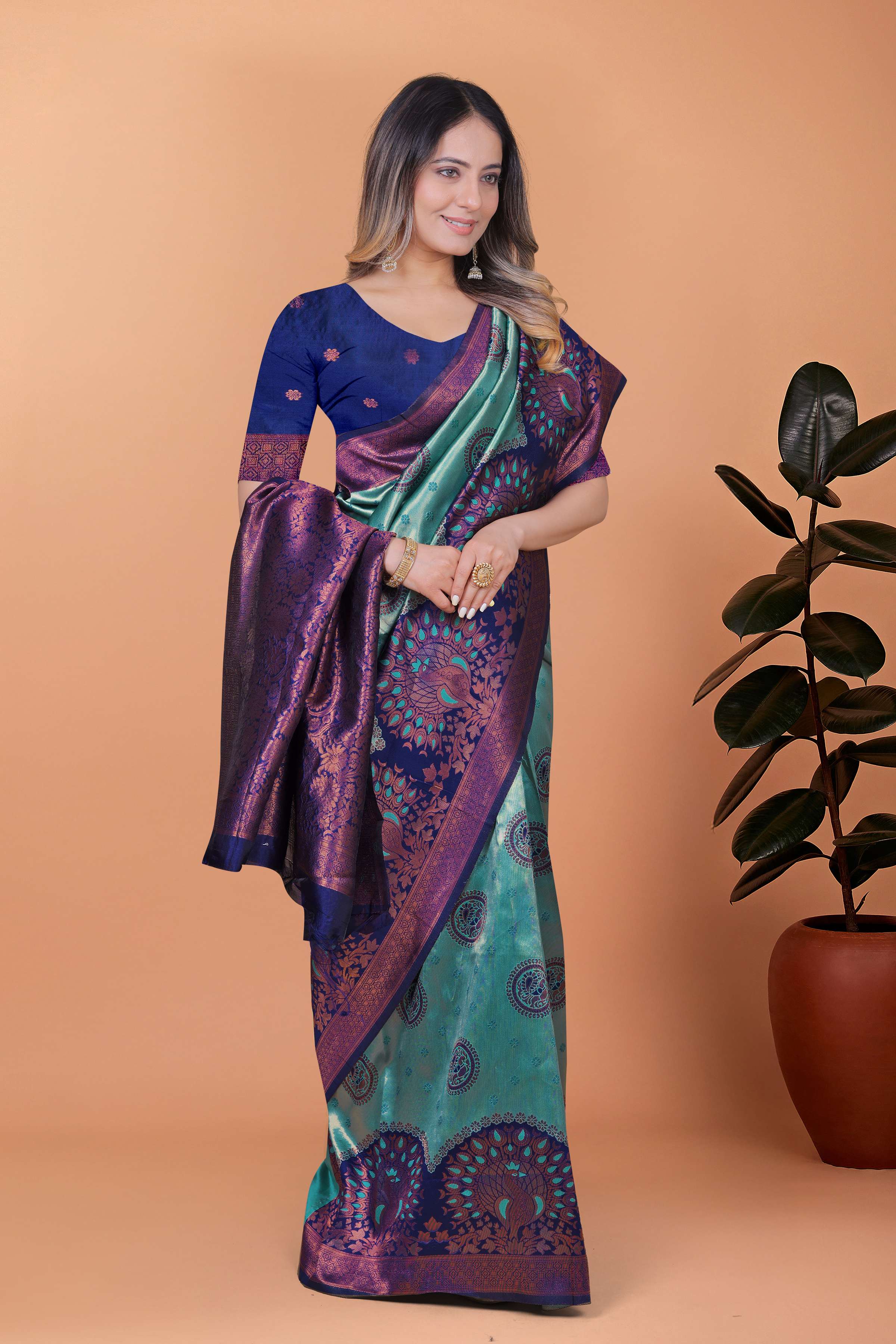 Peacock Aura Banarasi Silk Saree – Teal Green & Royal Purple with Zari Pallu