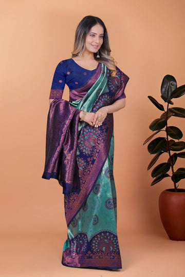 Peacock Aura Banarasi Silk Saree – Teal Green & Royal Purple with Zari Pallu