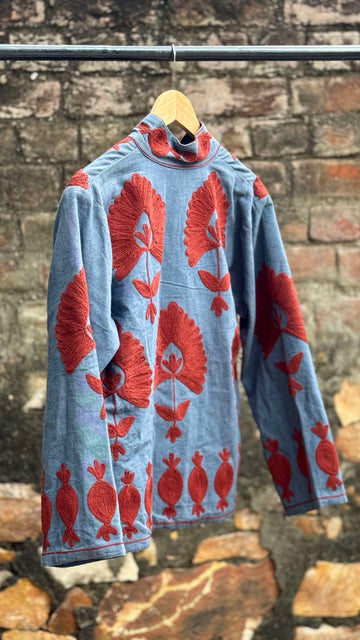 Womens Light Blue Velvet Embroidered Jacket with Floral Design