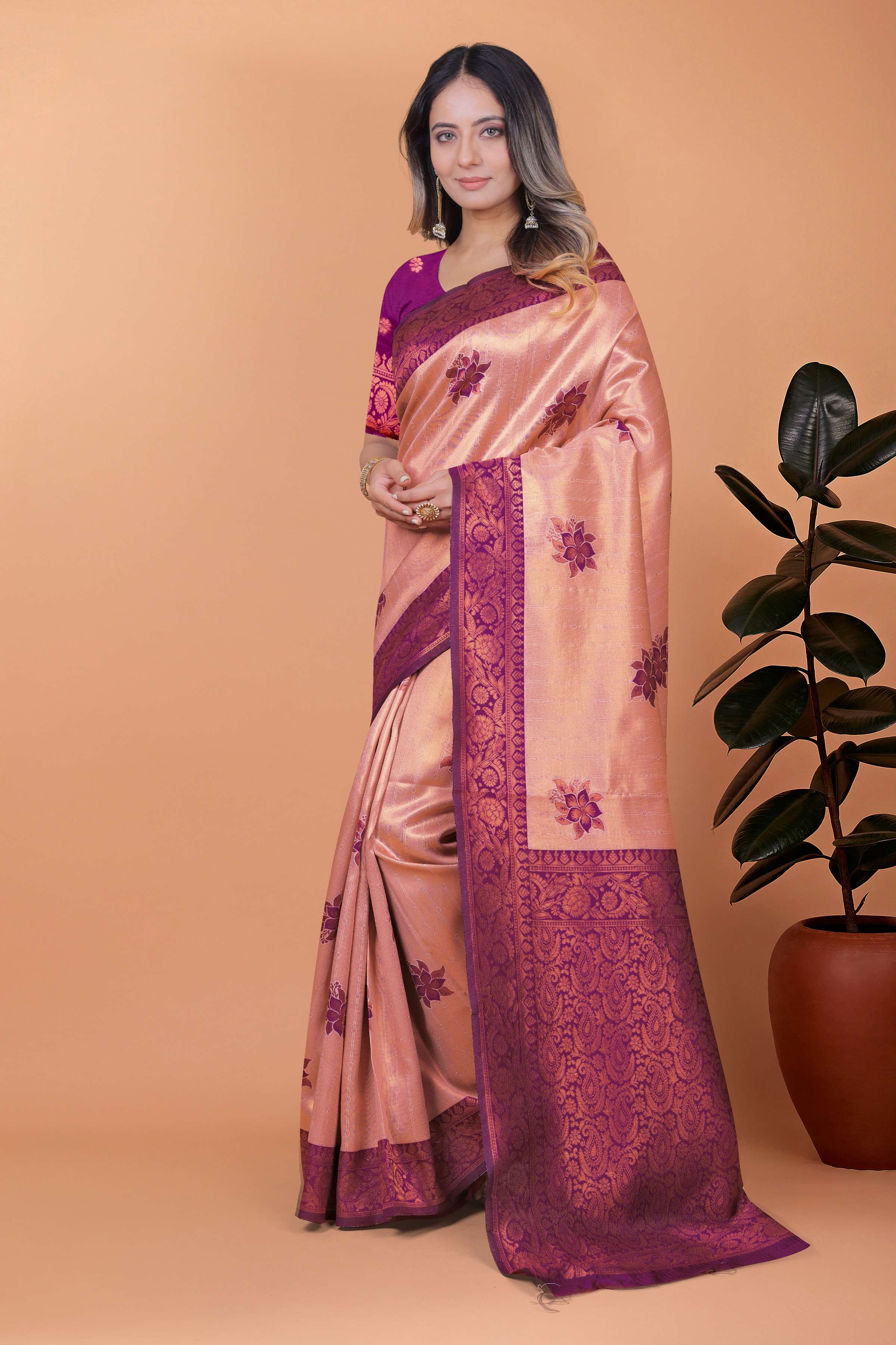 Rosewood Elegance Banarasi Silk Saree with Plum Zari Work & Blouse | Engagement, Festival, Sangeet & Traditional Wear