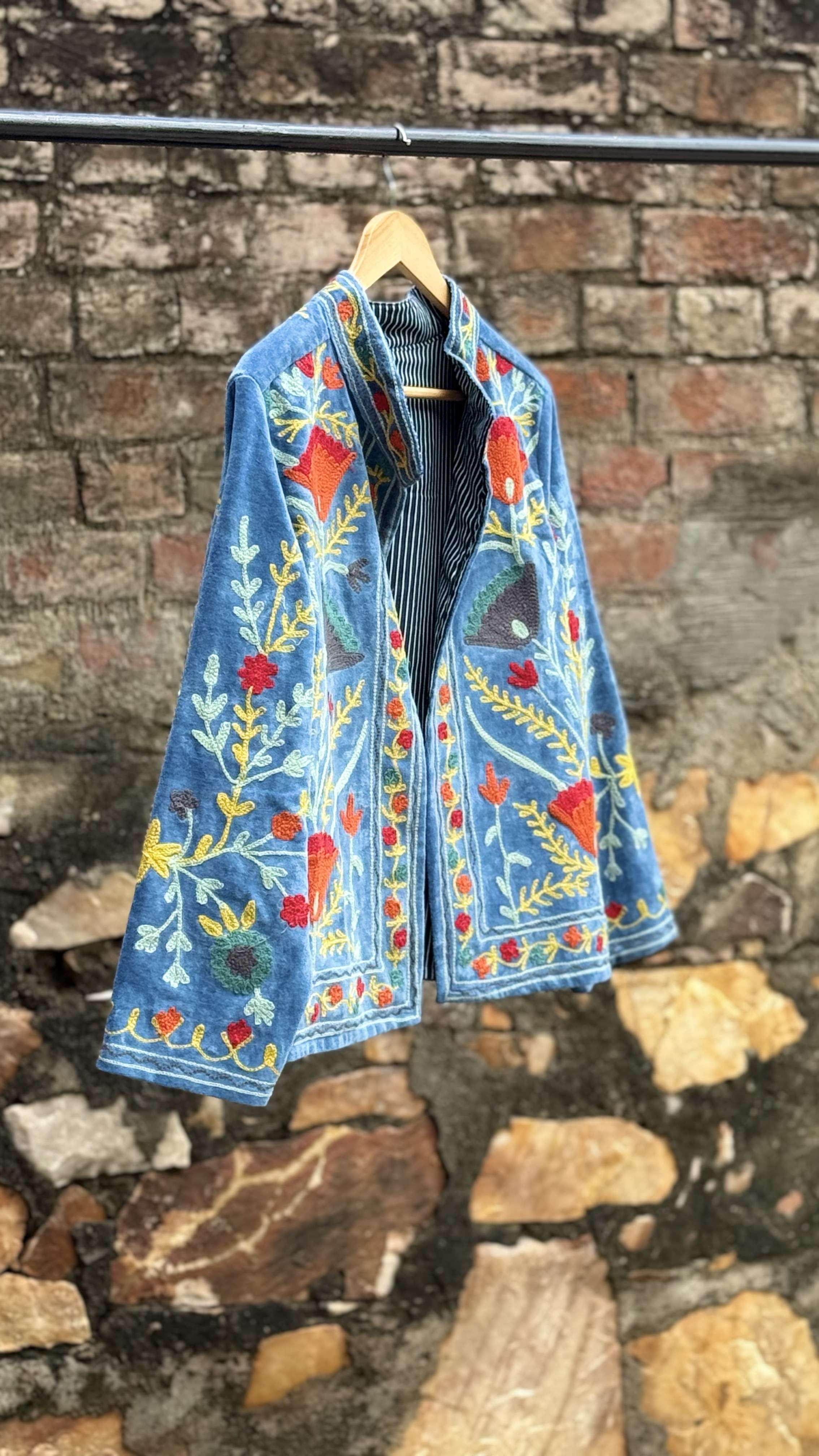 Womens Light Sky Blue Velvet Embroidered Jacket with Floral Design
