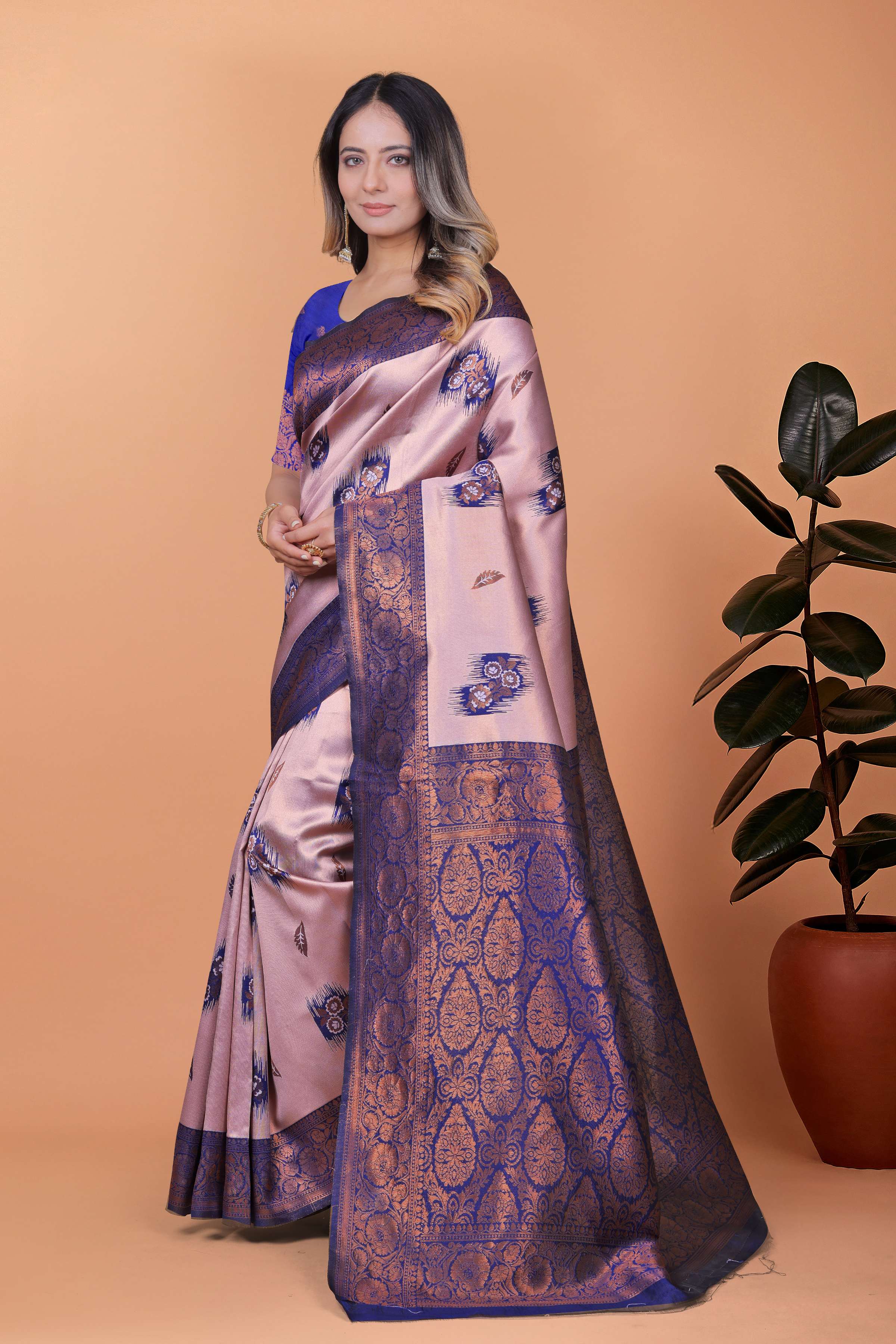 Lavender & Royal Blue Banarasi Silk Saree with Antique Gold Zari | Wedding & Festive Traditional Saree with Rich Pallu