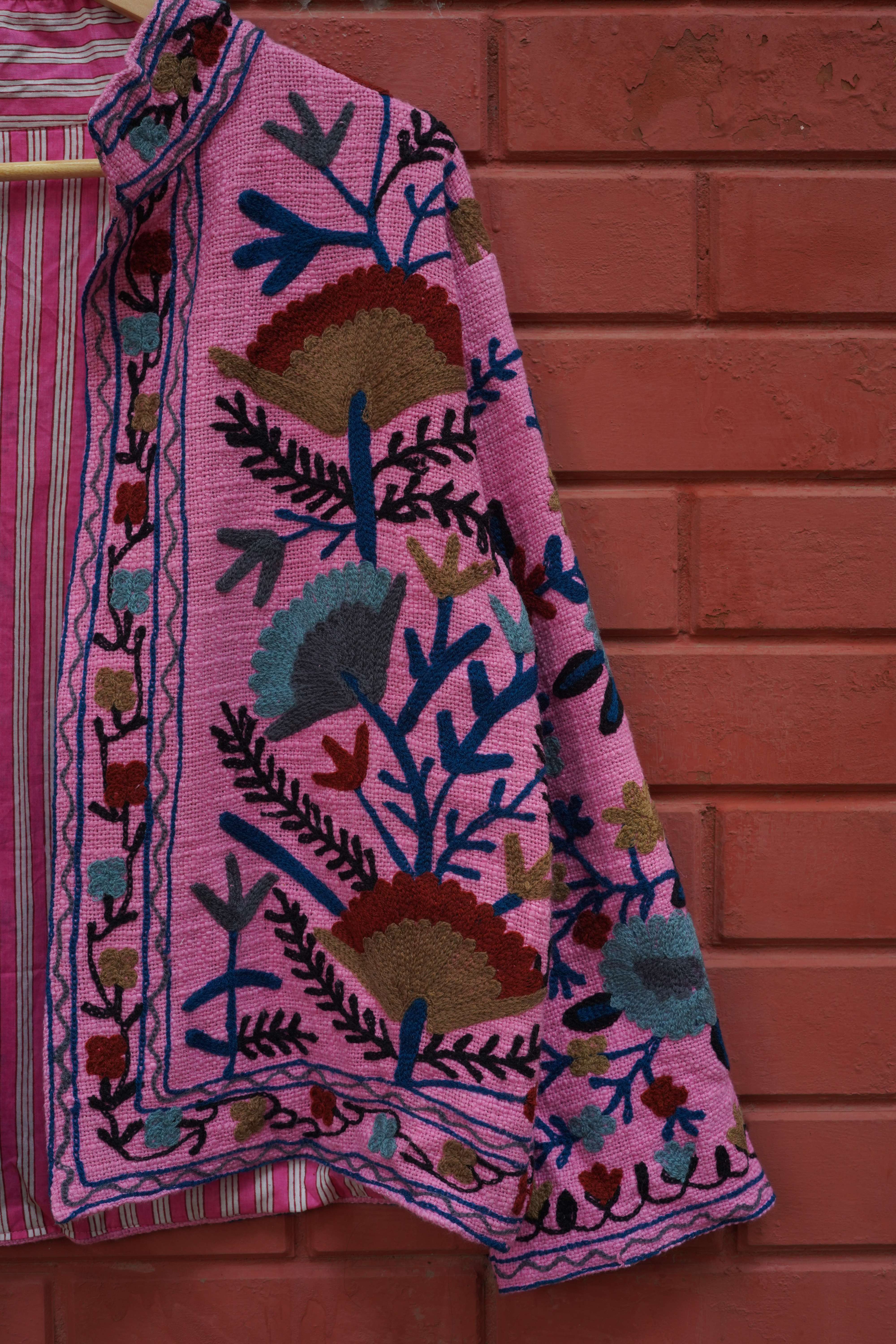 Womens Pink Velvet Embroidered Jacket with Floral Design