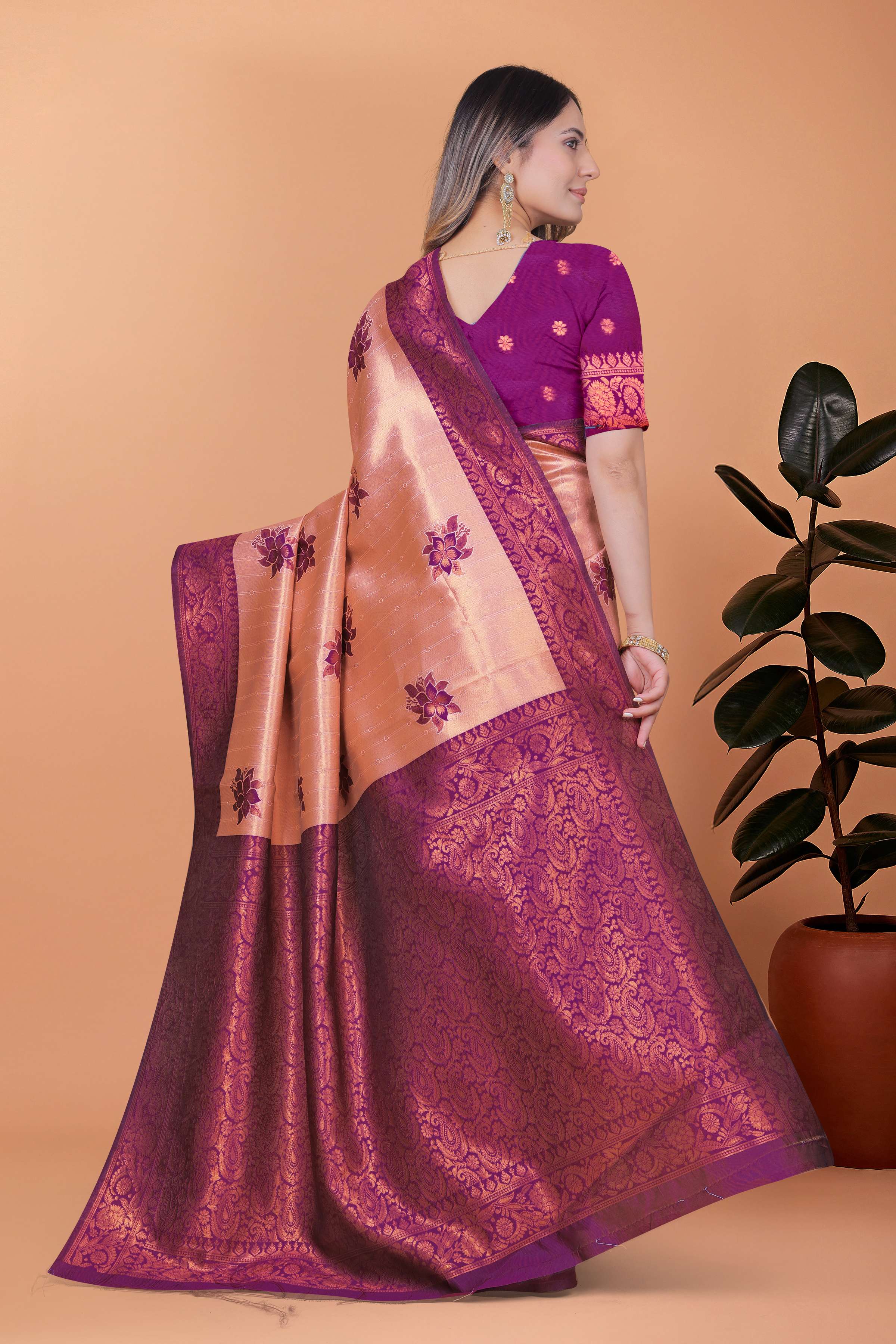 Rosewood Elegance Banarasi Silk Saree with Plum Zari Work & Blouse | Engagement, Festival, Sangeet & Traditional Wear