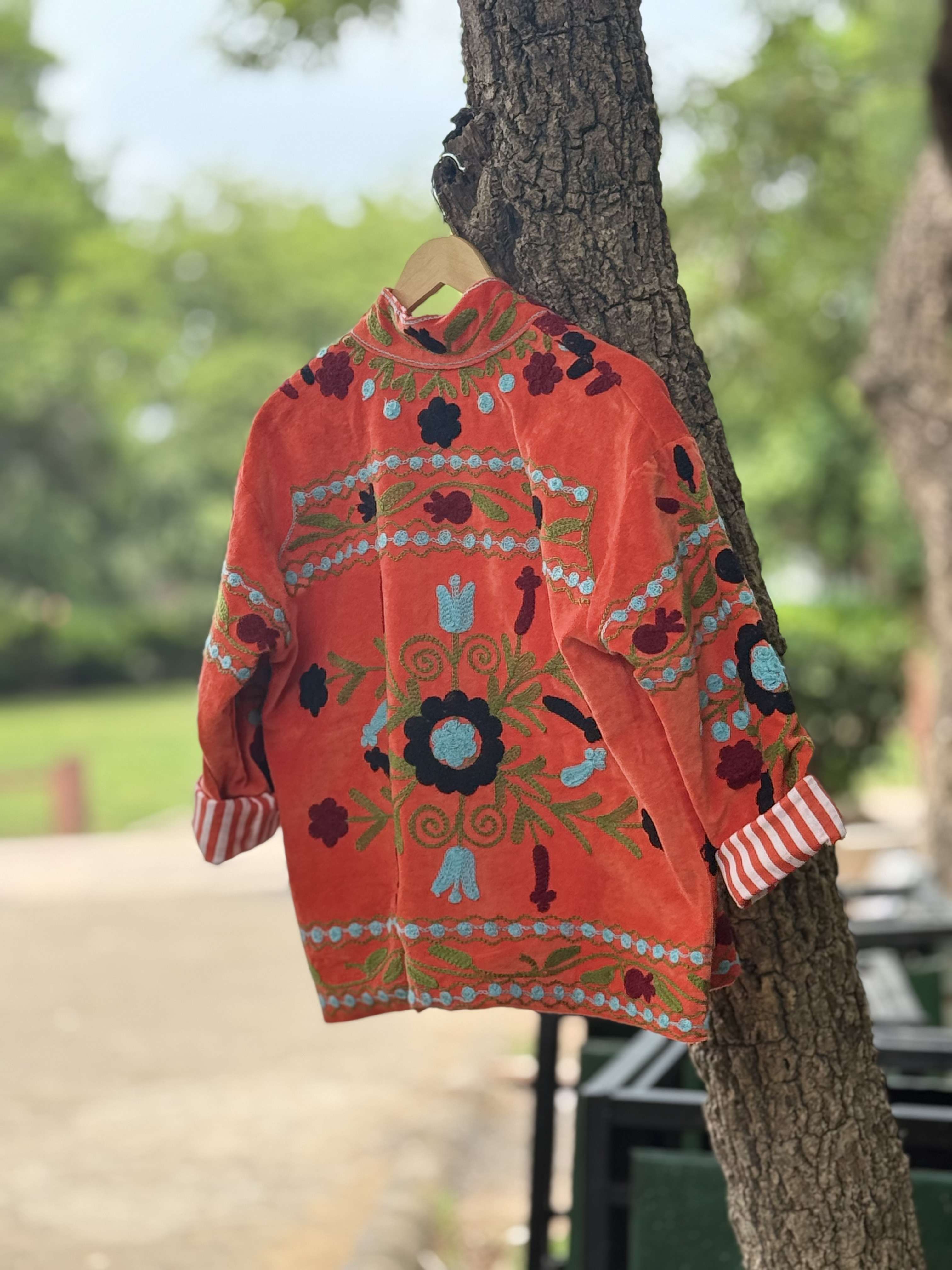 Womens Orange Velvet Embroidered Jacket with Floral Design