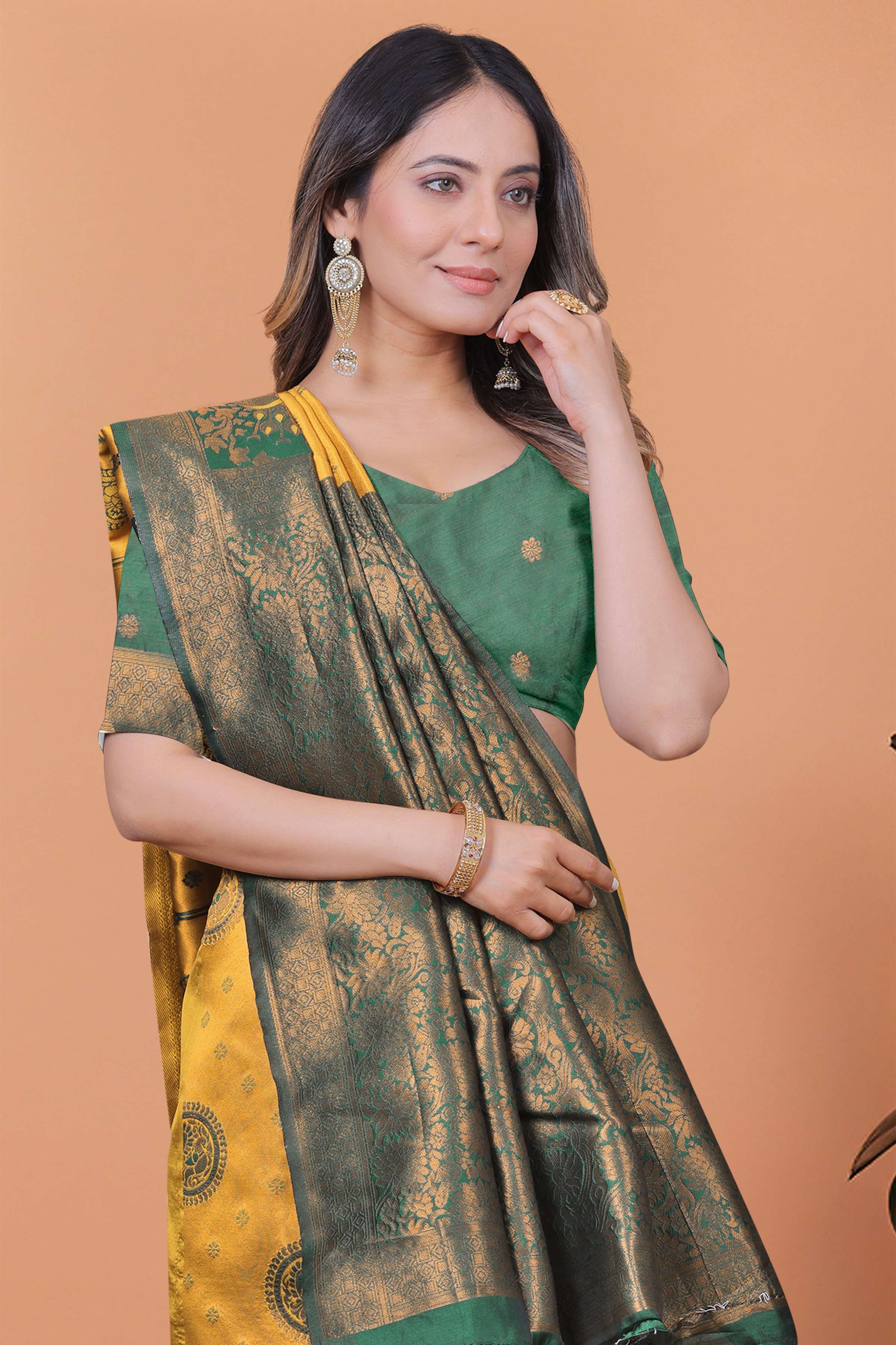 Golden Glow Banarasi Silk Saree with Peacock Zari Motifs & Deep Green Pallu | Wedding, Festive, Traditional Ethnic Wear