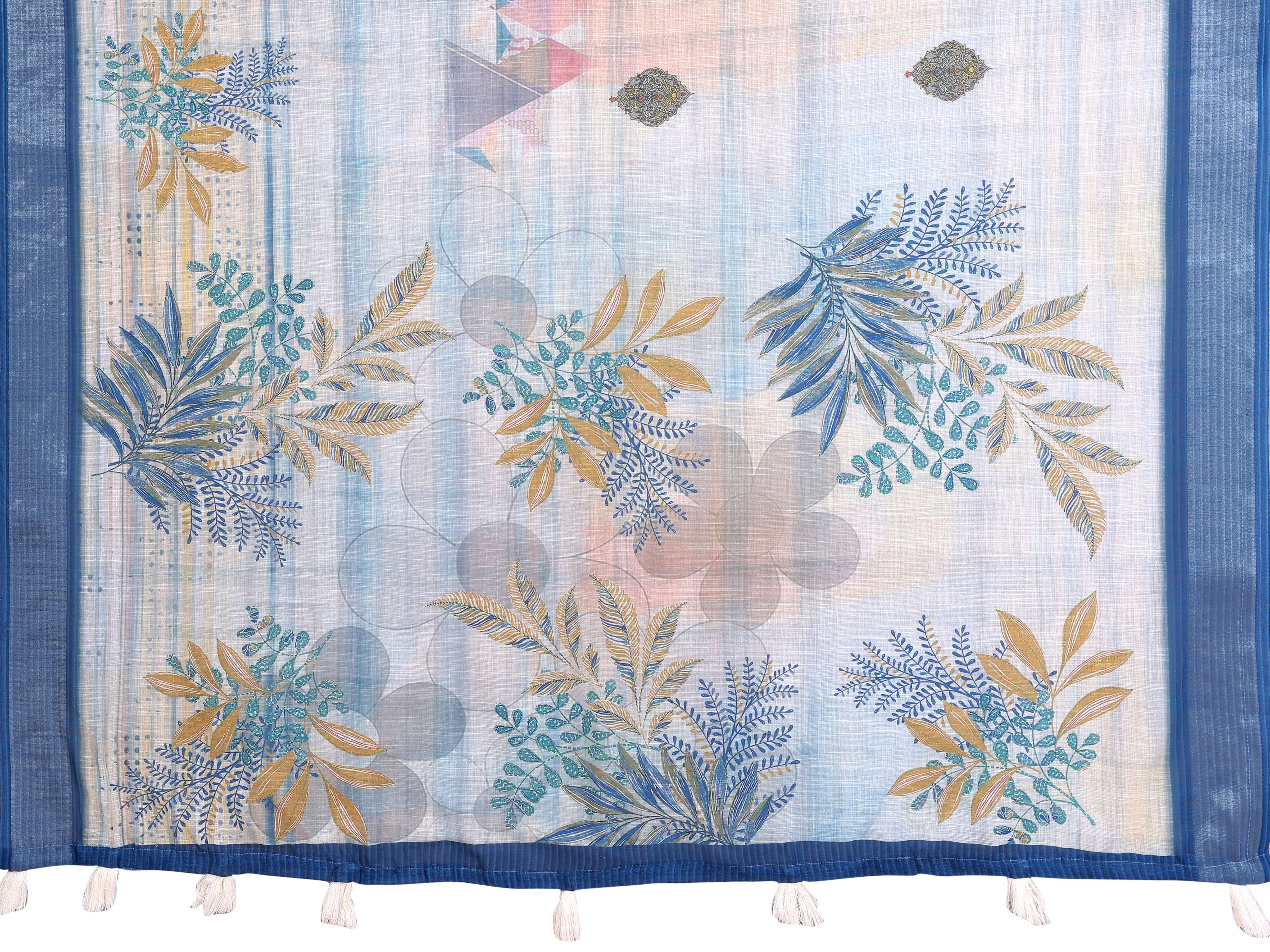 Pastel Blue Linen Cotton Saree with Tropical Leaf Prints & Tassel Pallu