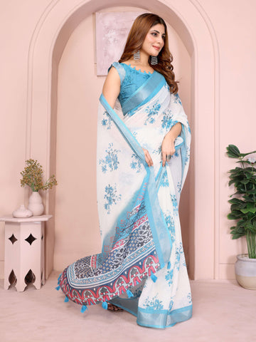 White & Sky Blue Linen Cotton Saree with Artistic Multicolor Pallu & Tassels