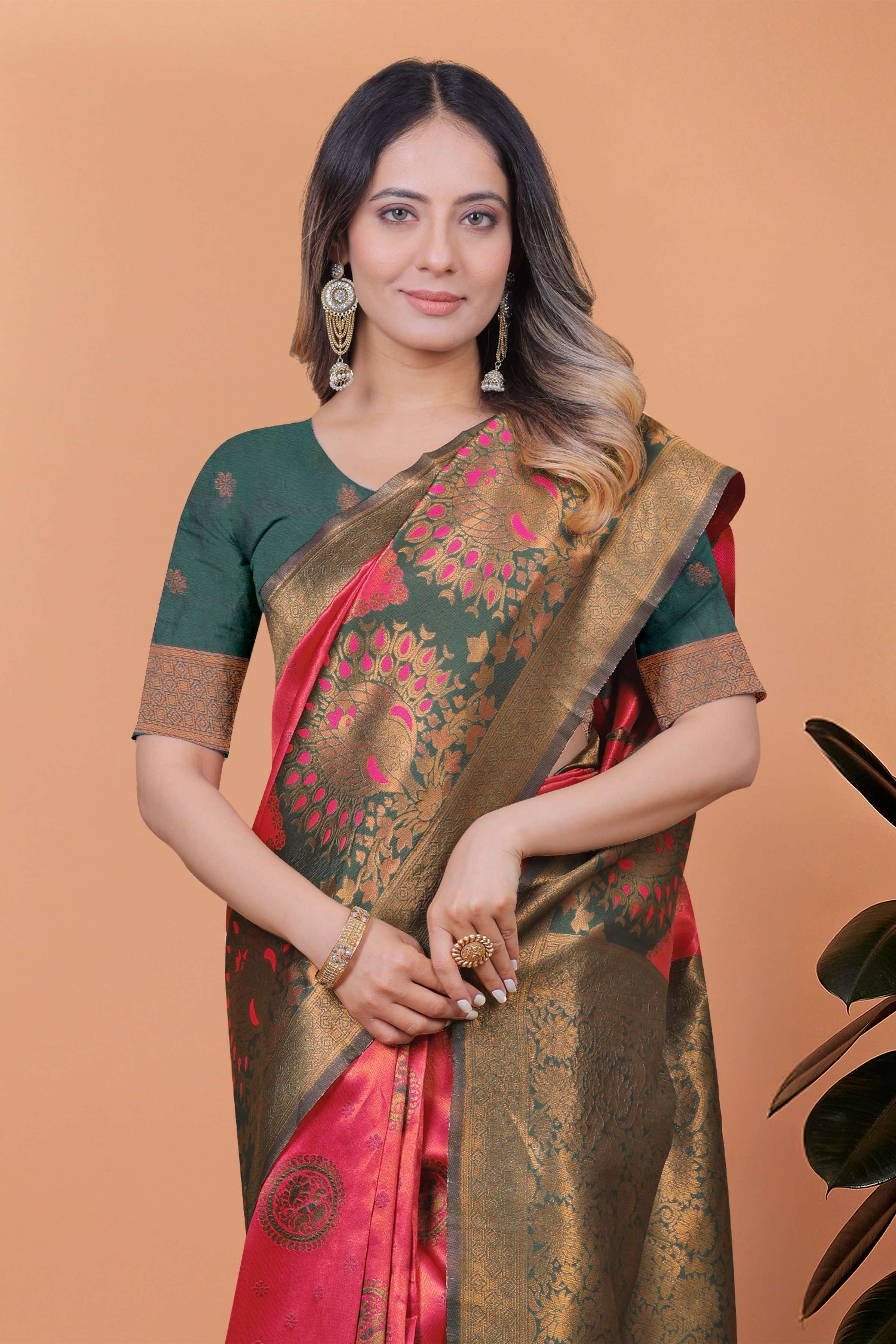 Royal Grace Banarasi Silk Saree with Floral & Peacock Zari Motifs – Deep Rose Pink & Antique Gold with Green Border
