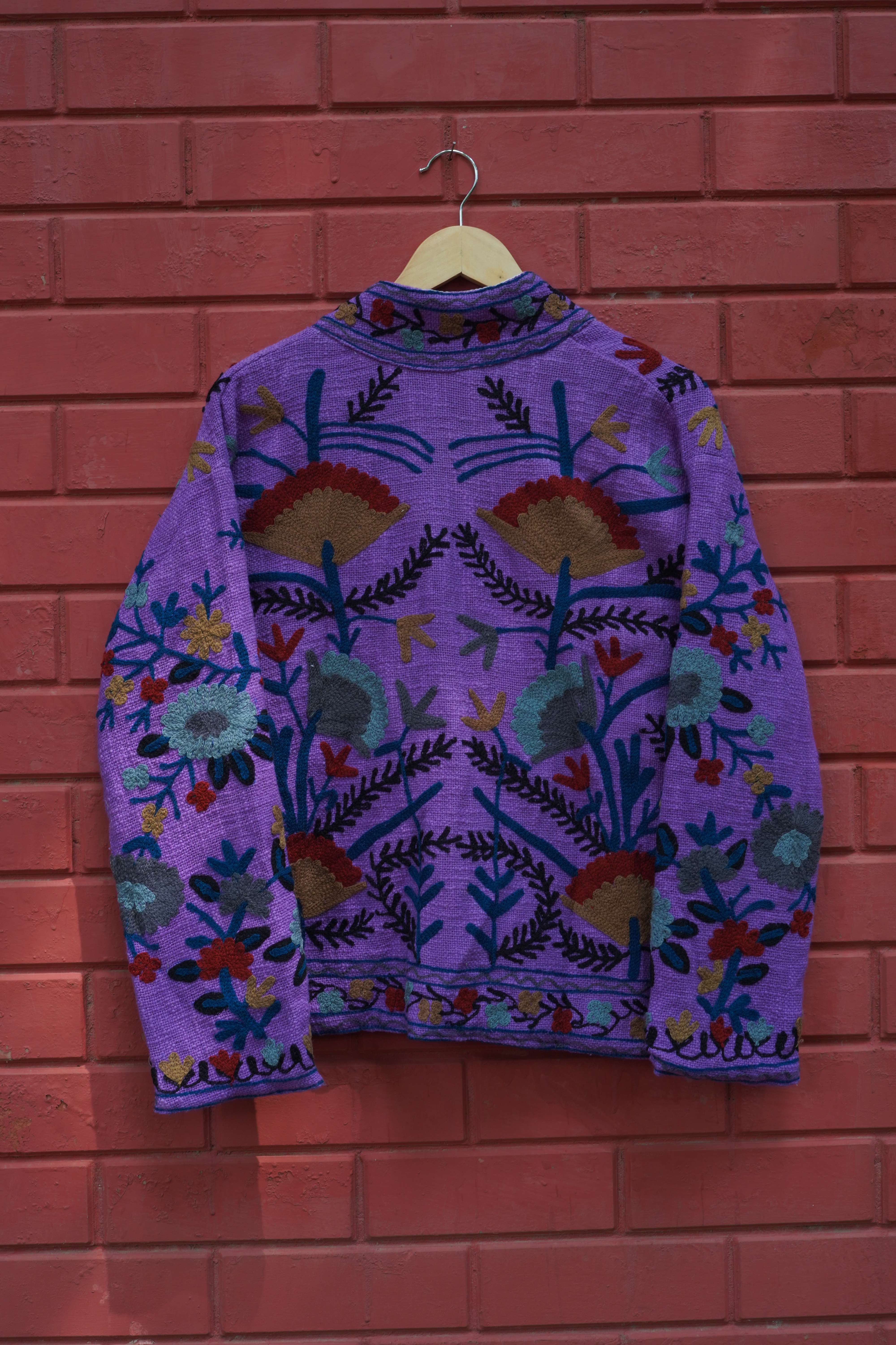 Womens Dark Purple Velvet Embroidered Jacket with Floral Design