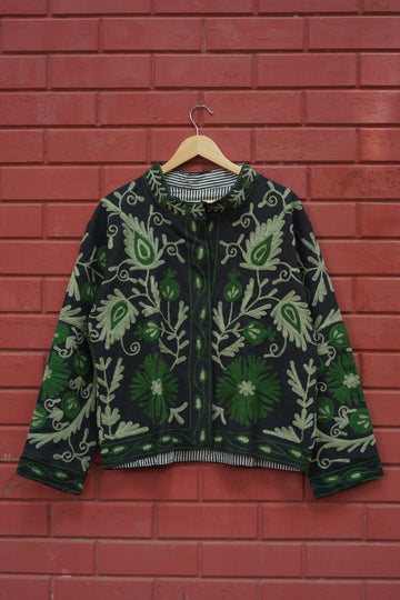 Womens Black Velvet Embroidered Jacket with Floral Design