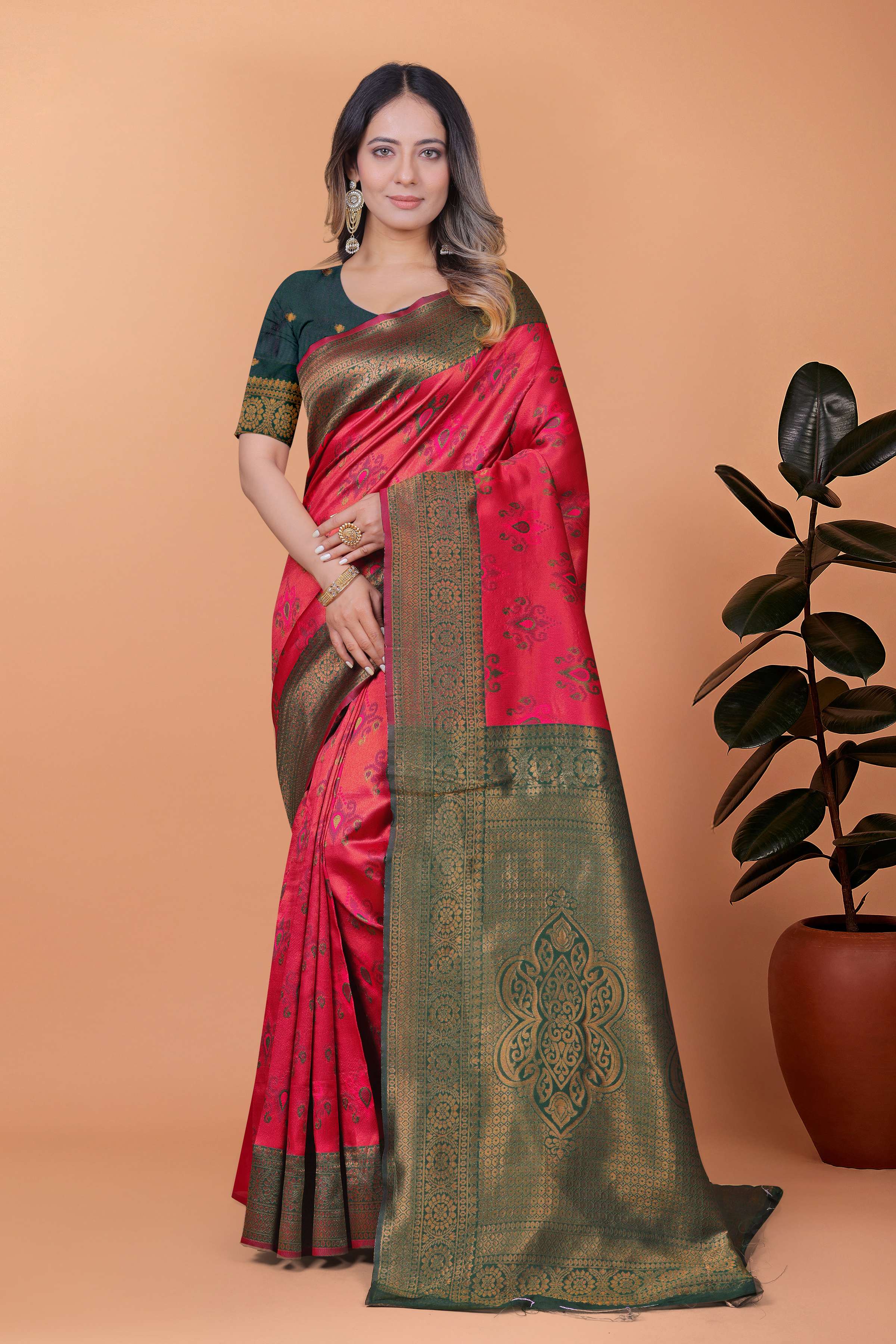 Crimson Majesty Banarasi Silk Saree in Cherry Red & Bottle Green with Zari Work | Wedding, Festive & Traditional Ethnic Wear